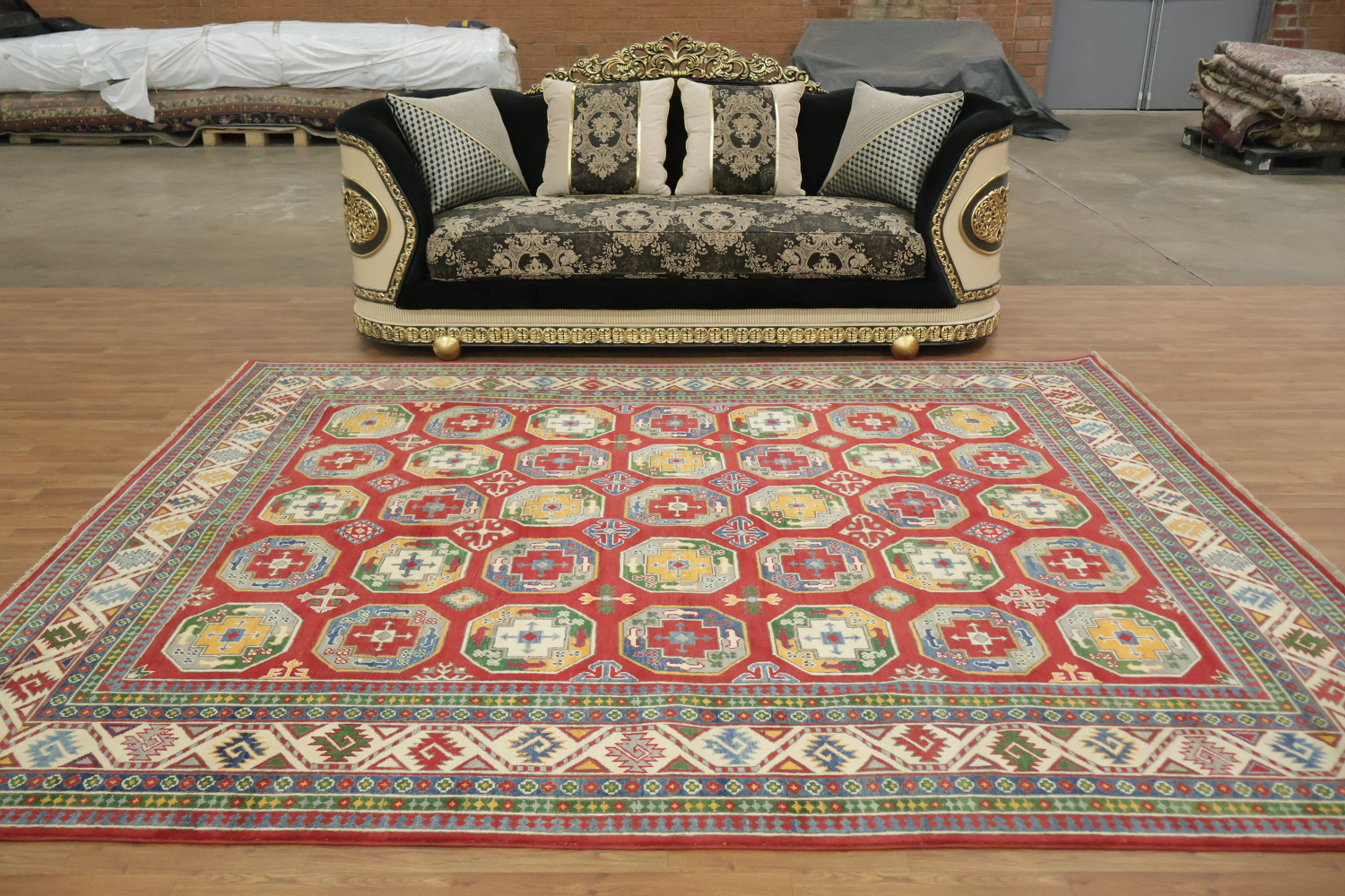 Vibrant Geometric Patterned Kazak Pakistani Hand-Knotted Rug 8'x10'