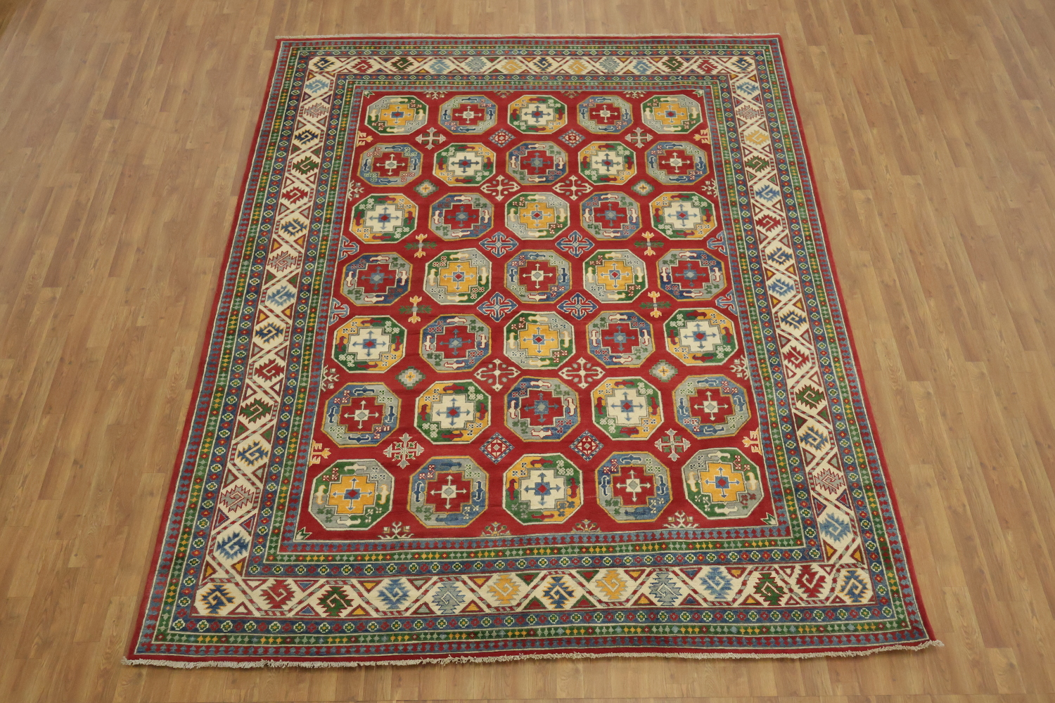 Vibrant Geometric Patterned Kazak Pakistani Hand-Knotted Rug 8'x10'