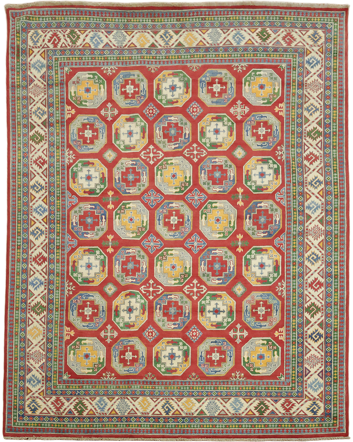 Vibrant Geometric Patterned Kazak Pakistani Hand-Knotted Rug 8'x10'
