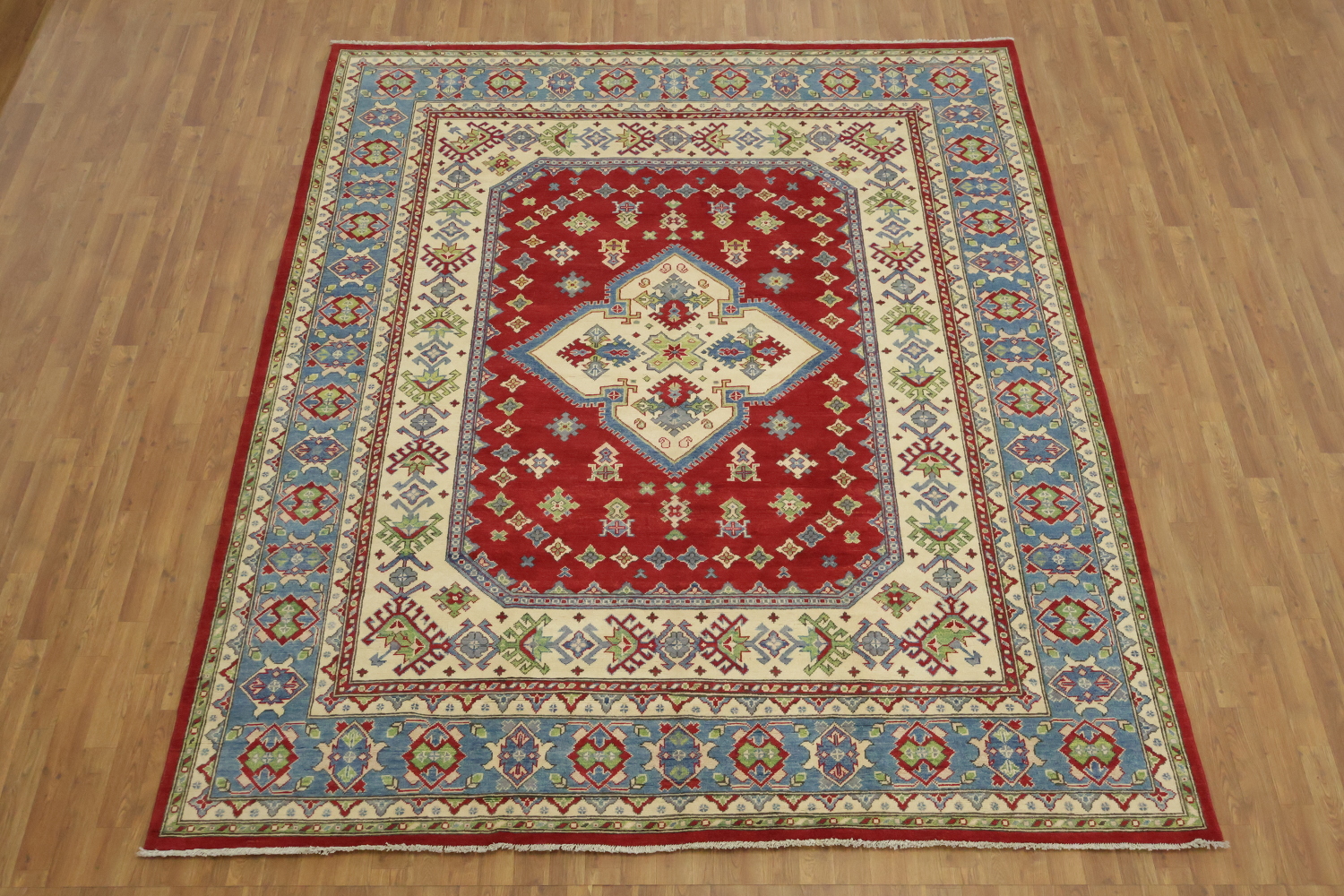 Red, Blue, and Ivory Geometric Pattern Kazak Pakistani Rug 8'x10'