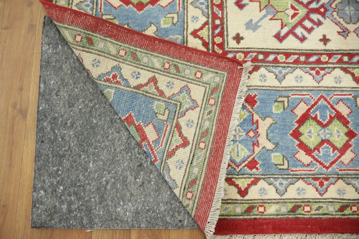 Red, Blue, and Ivory Geometric Pattern Kazak Pakistani Rug 8'x10'