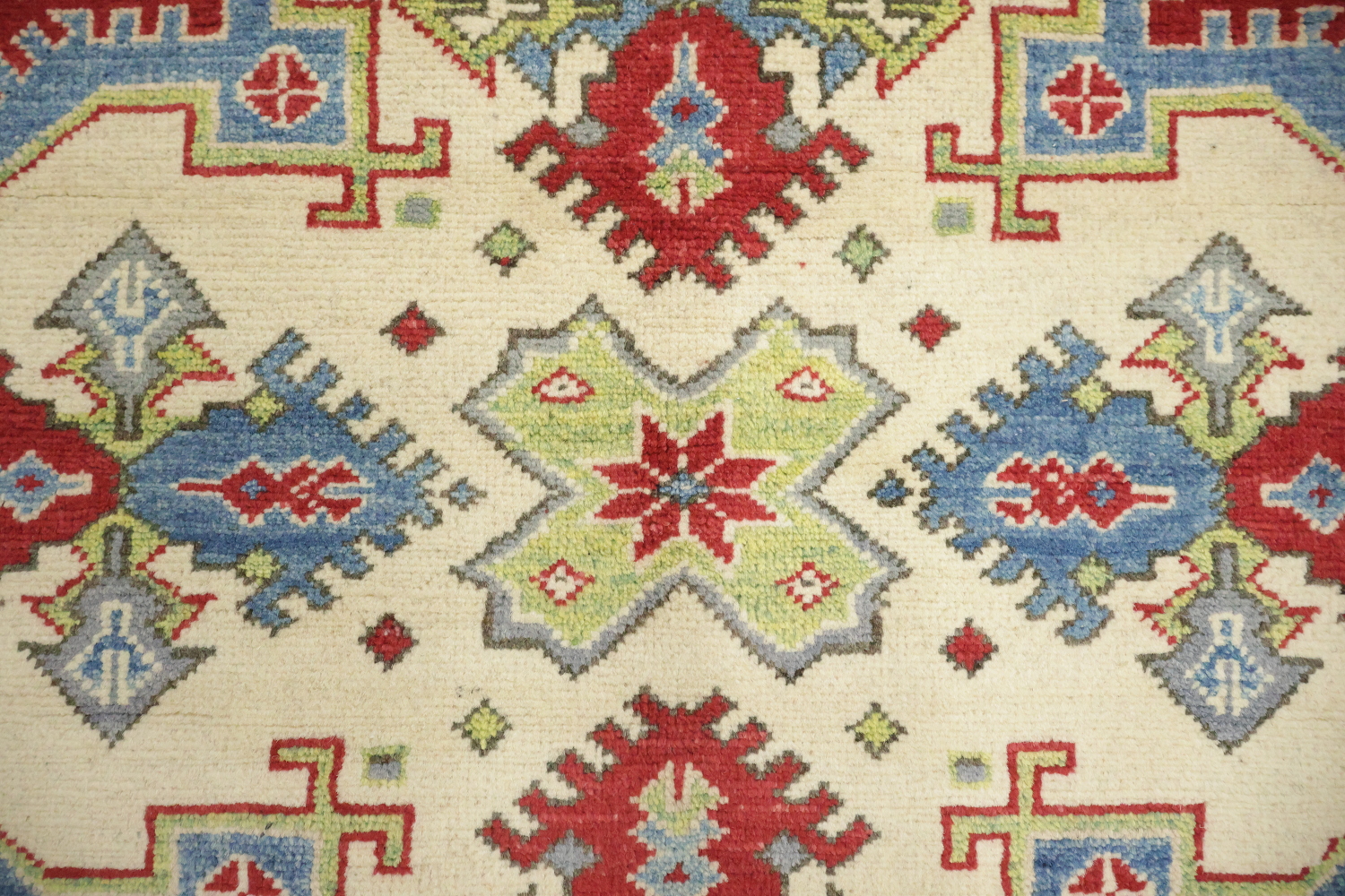 Red, Blue, and Ivory Geometric Pattern Kazak Pakistani Rug 8'x10'