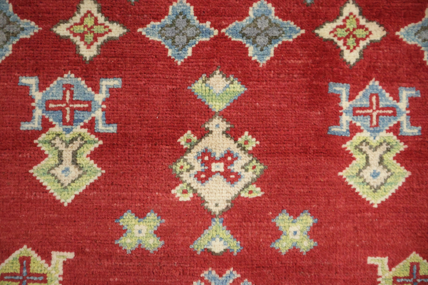 Red, Blue, and Ivory Geometric Pattern Kazak Pakistani Rug 8'x10'