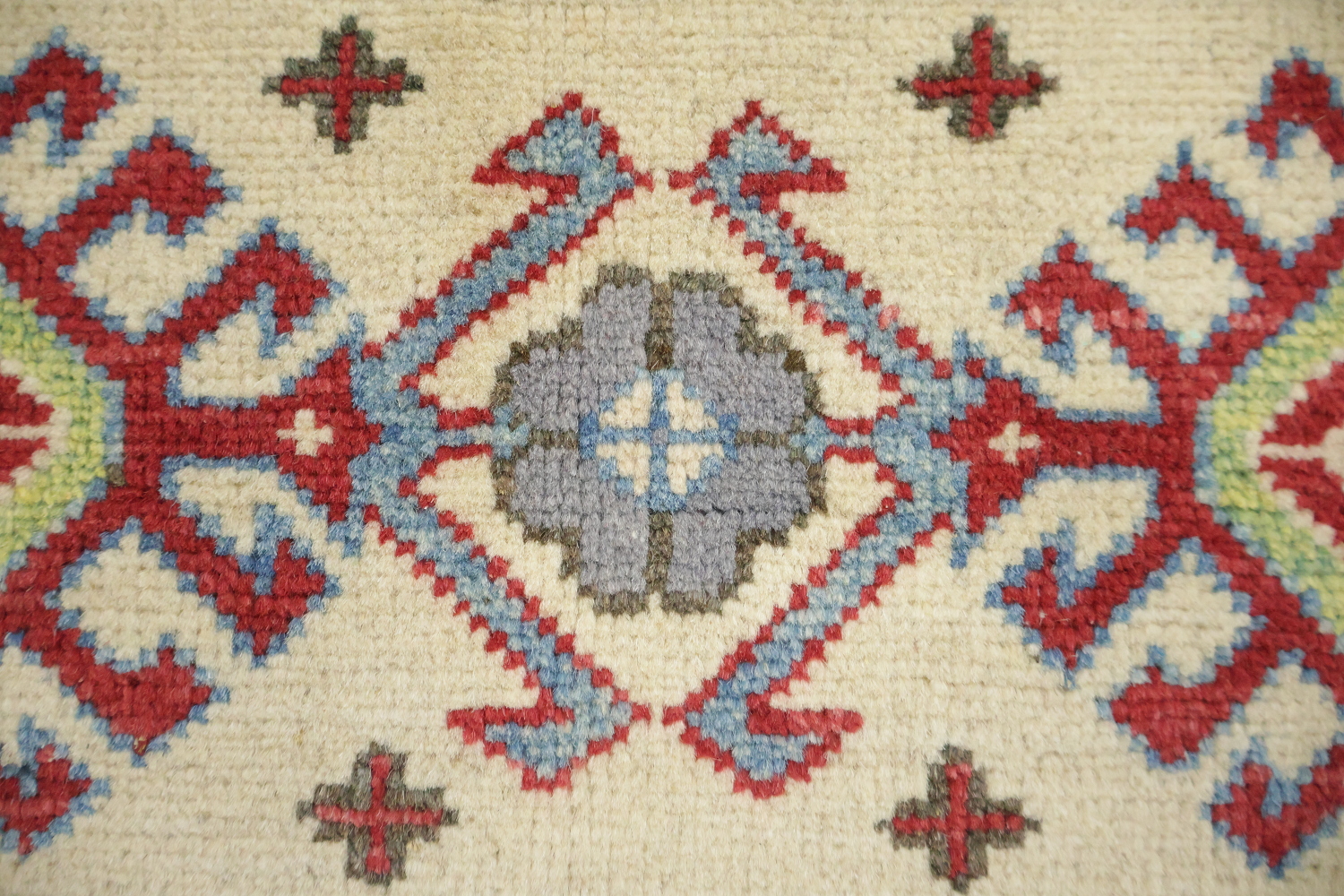 Red, Blue, and Ivory Geometric Pattern Kazak Pakistani Rug 8'x10'