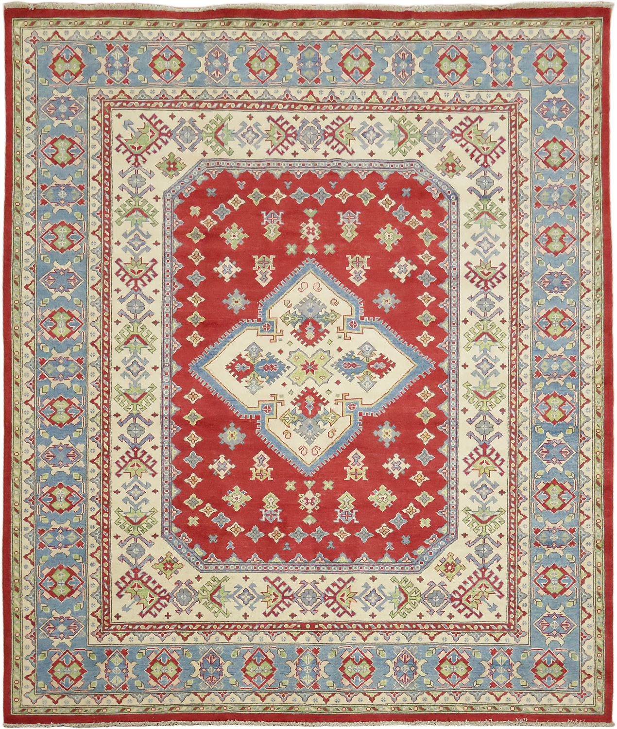 Red, Blue, and Ivory Geometric Pattern Kazak Pakistani Rug 8'x10'