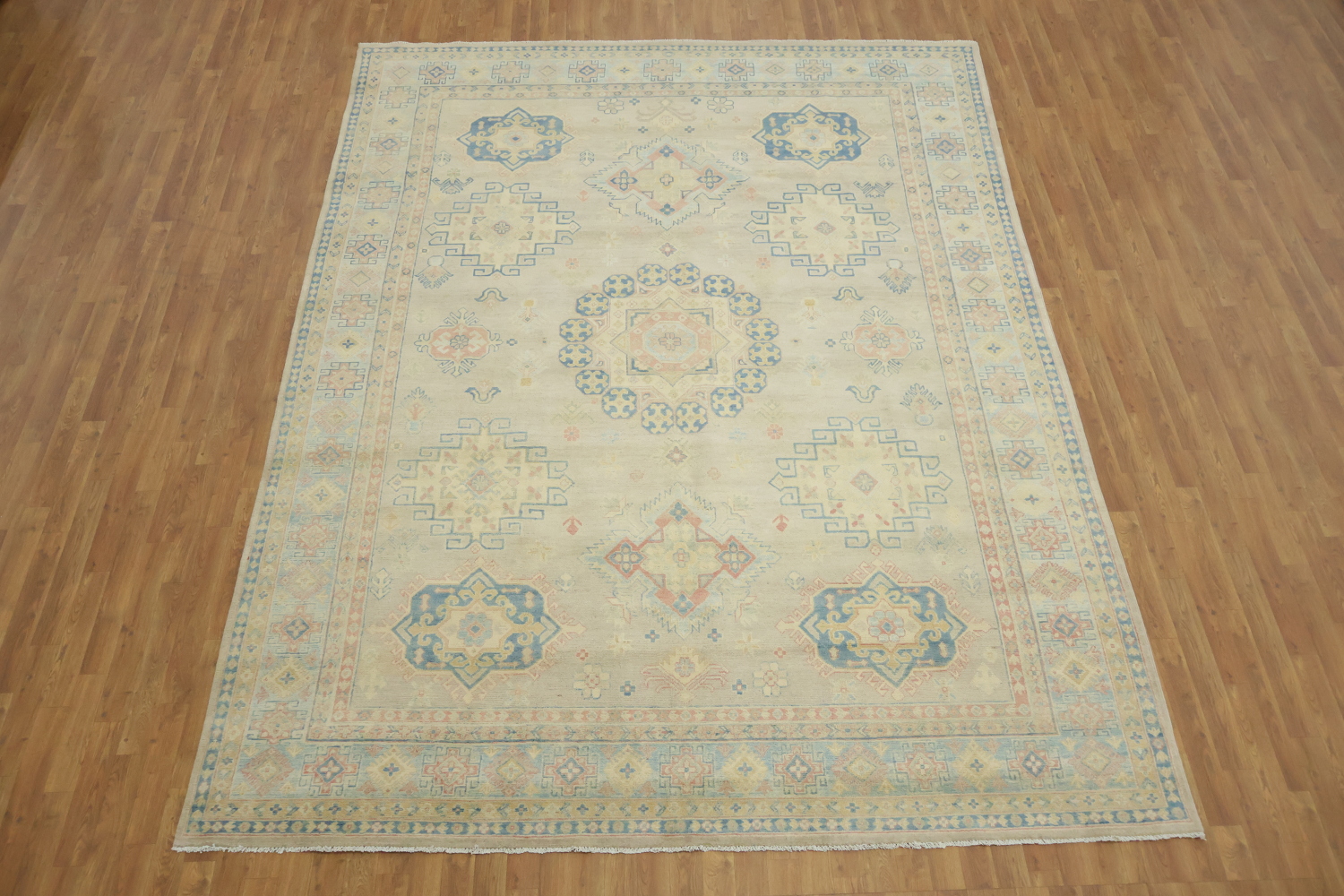 Luxuriate in Subtlety: Beige and Blue Classic Kazak Area Rug 9'x12'