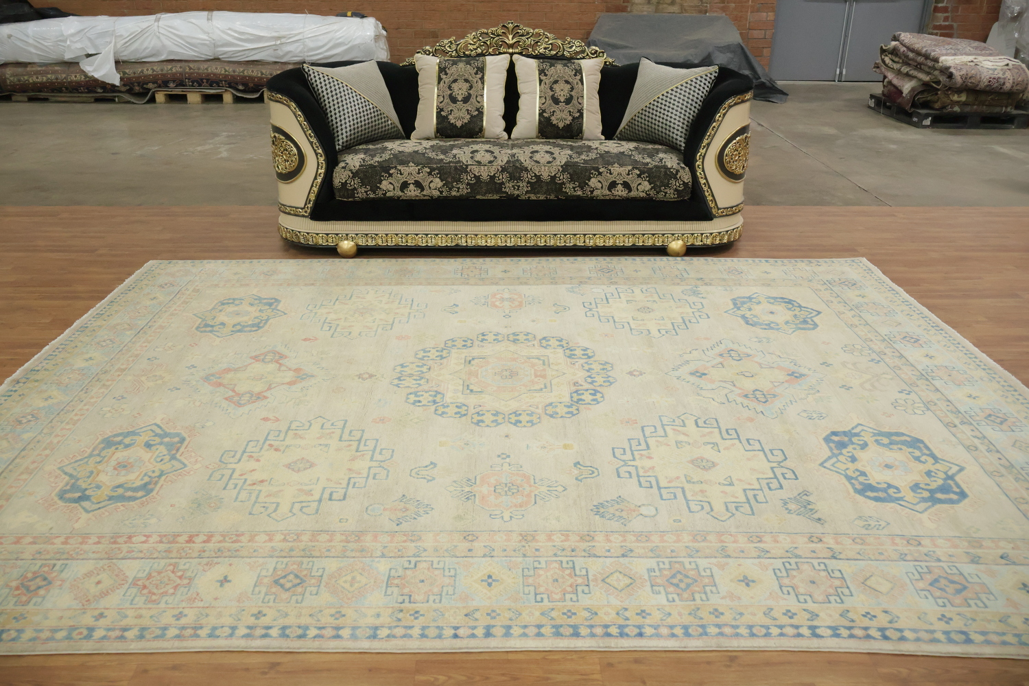 Luxuriate in Subtlety: Beige and Blue Classic Kazak Area Rug 9'x12'