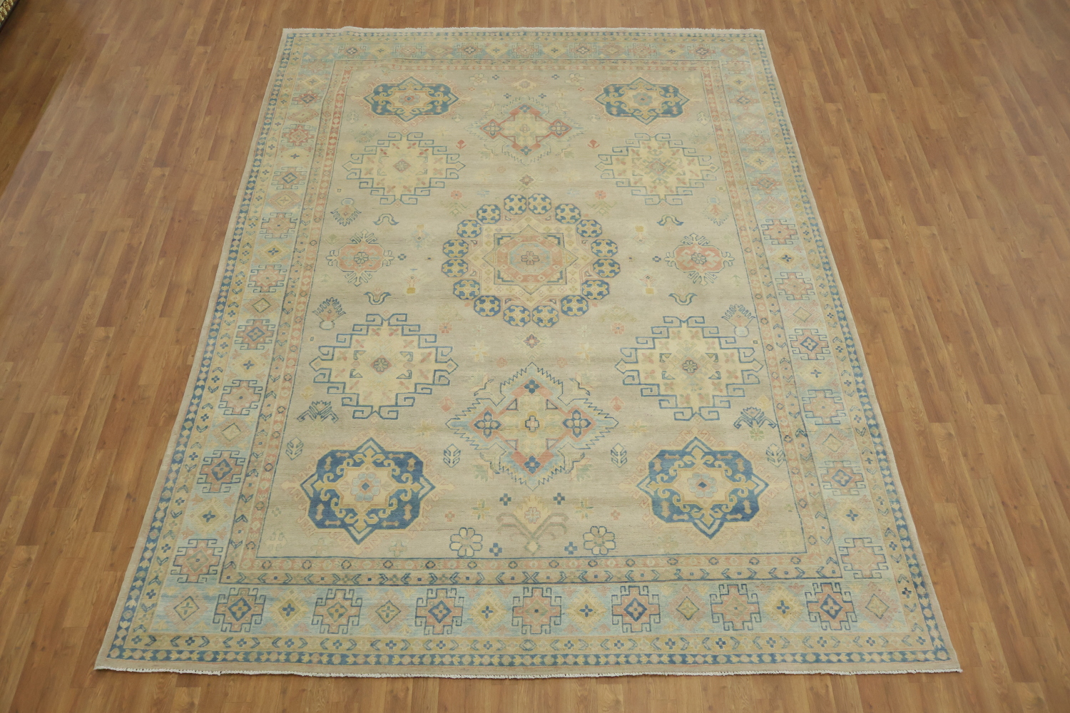Luxuriate in Subtlety: Beige and Blue Classic Kazak Area Rug 9'x12'