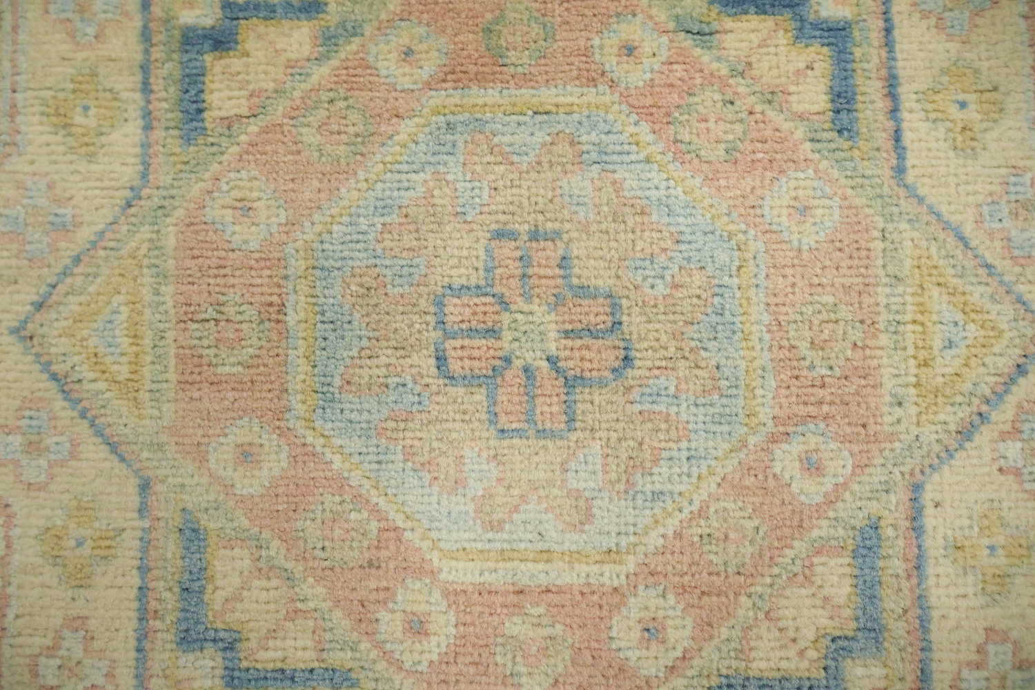 Luxuriate in Subtlety: Beige and Blue Classic Kazak Area Rug 9'x12'