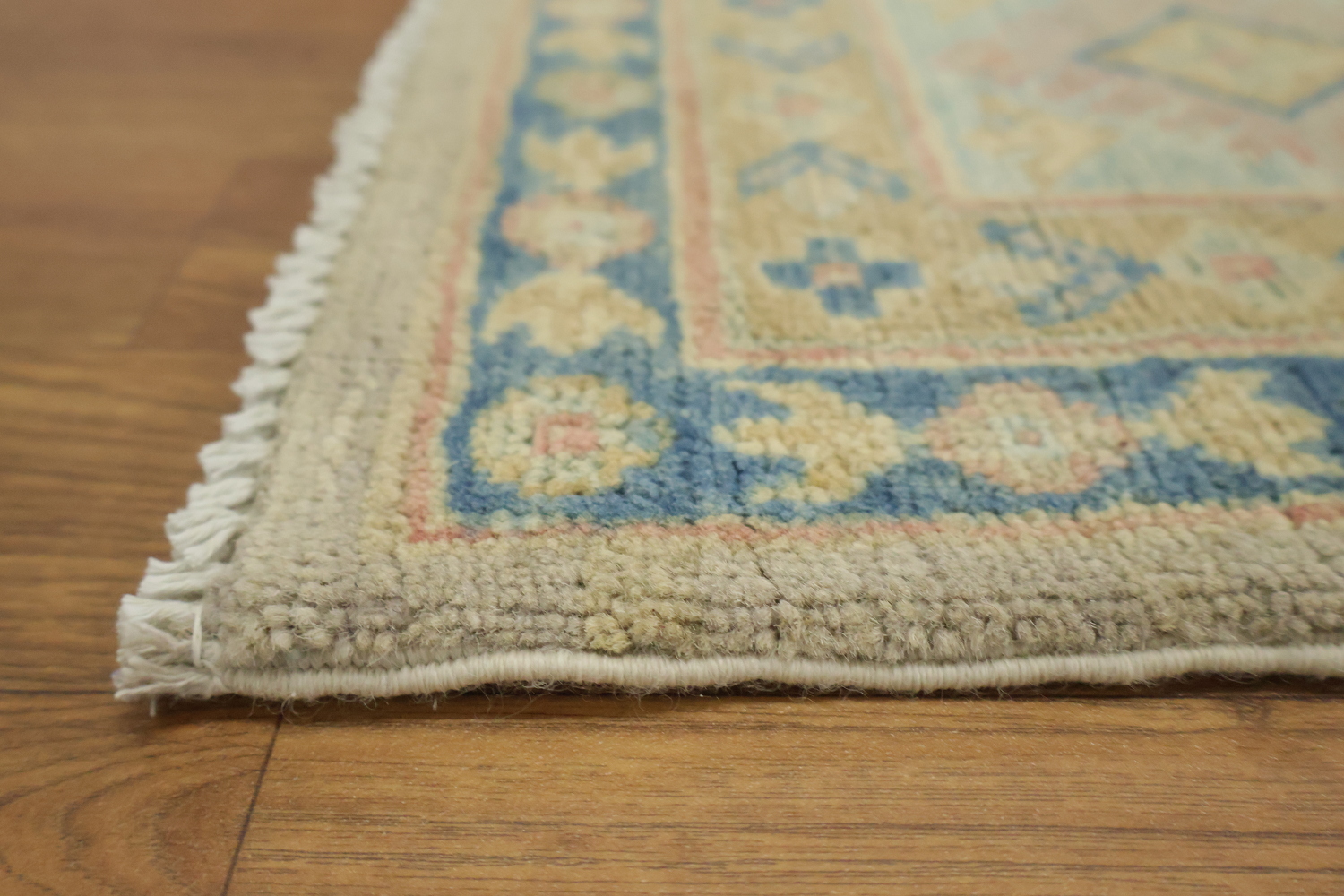 Luxuriate in Subtlety: Beige and Blue Classic Kazak Area Rug 9'x12'