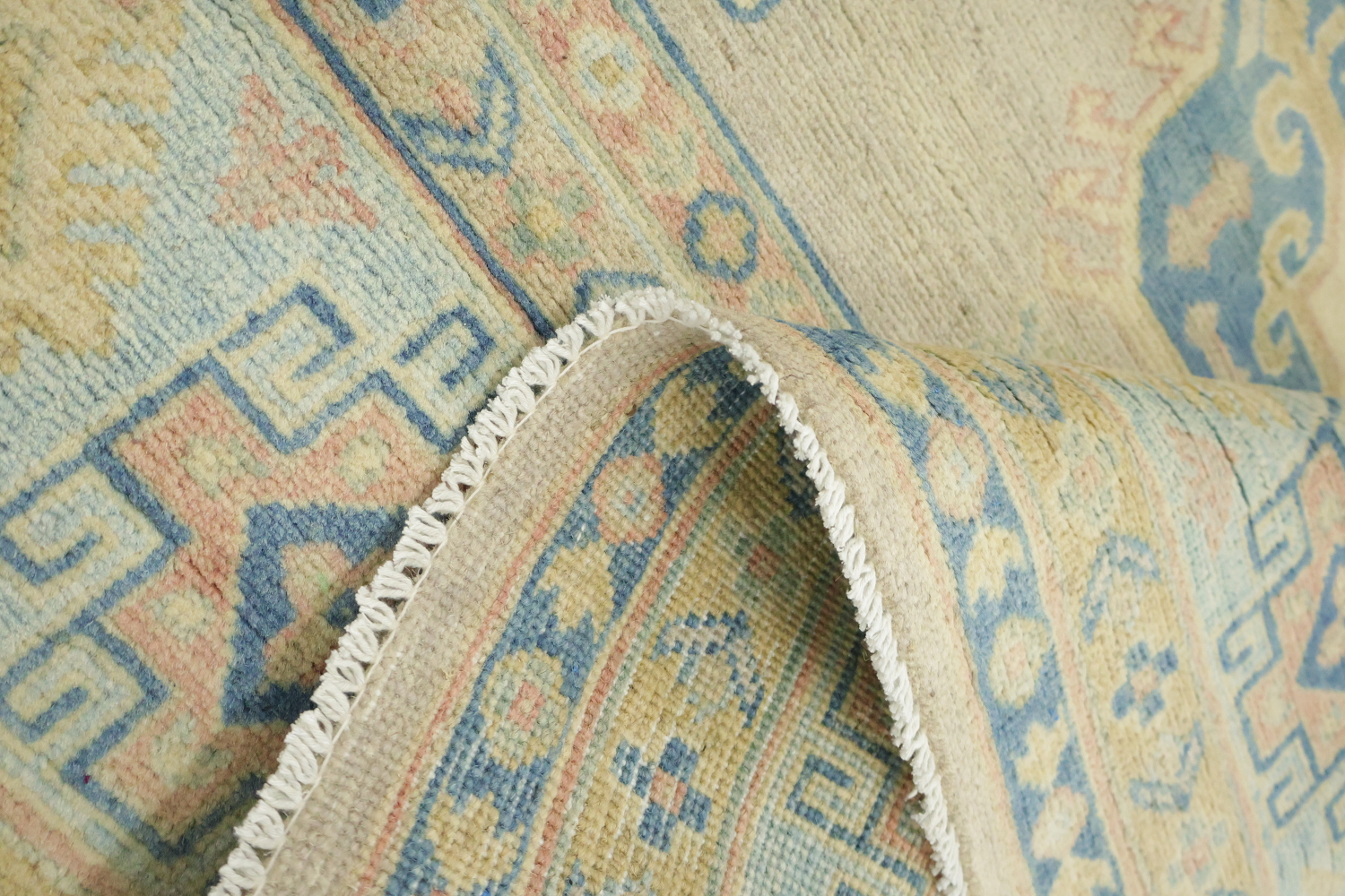 Luxuriate in Subtlety: Beige and Blue Classic Kazak Area Rug 9'x12'