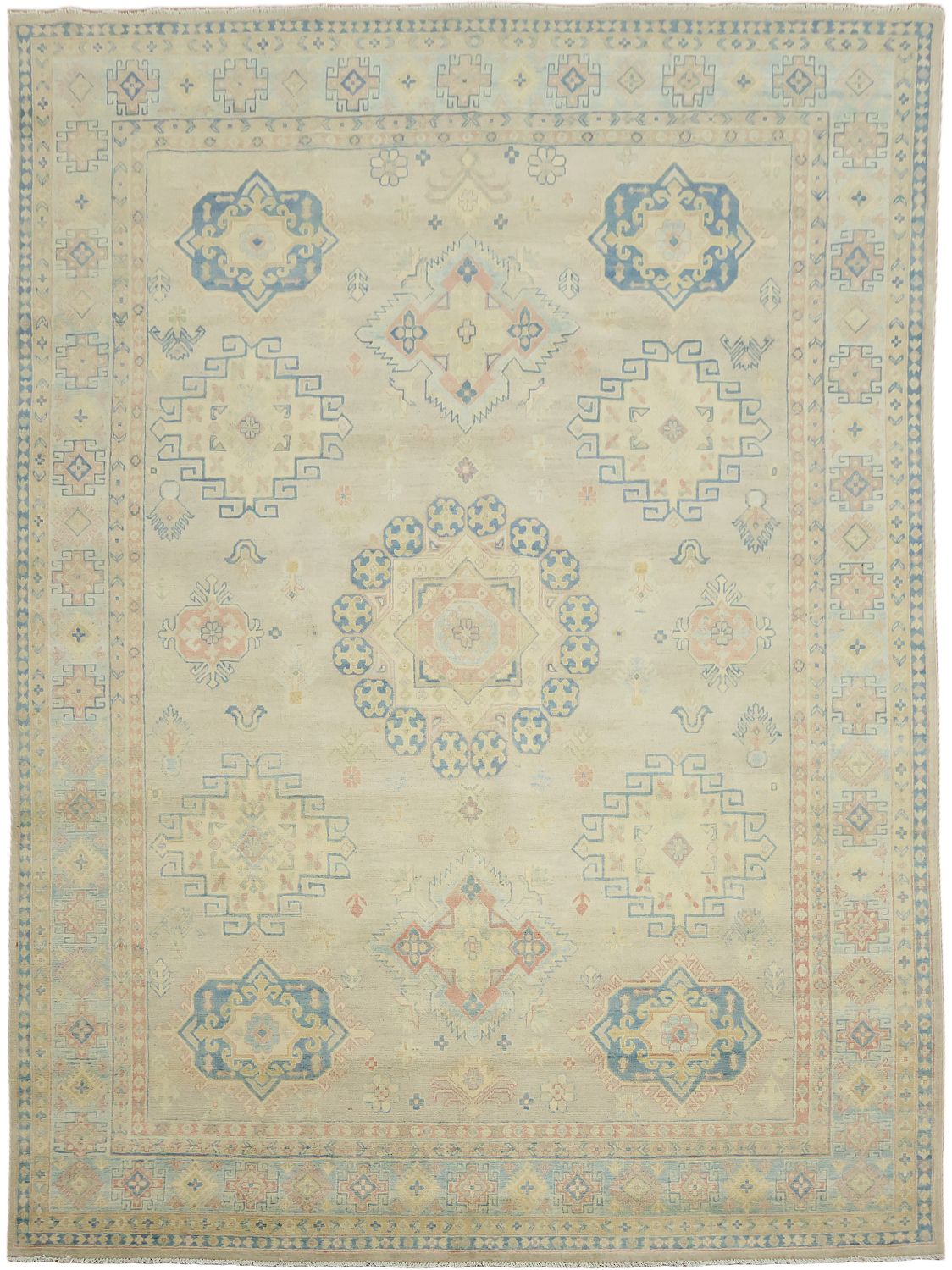 Luxuriate in Subtlety: Beige and Blue Classic Kazak Area Rug 9'x12'