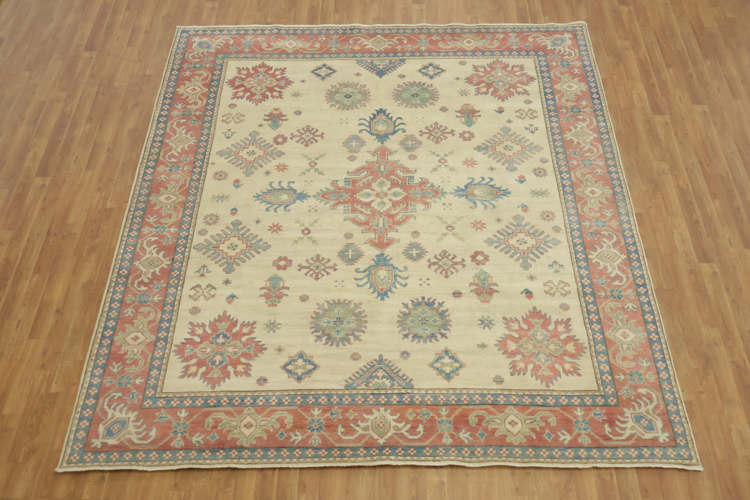 Premium Quality Kazak Pakistani Ivory and Blue Traditional Rug 9' 1'' x 8' 5''