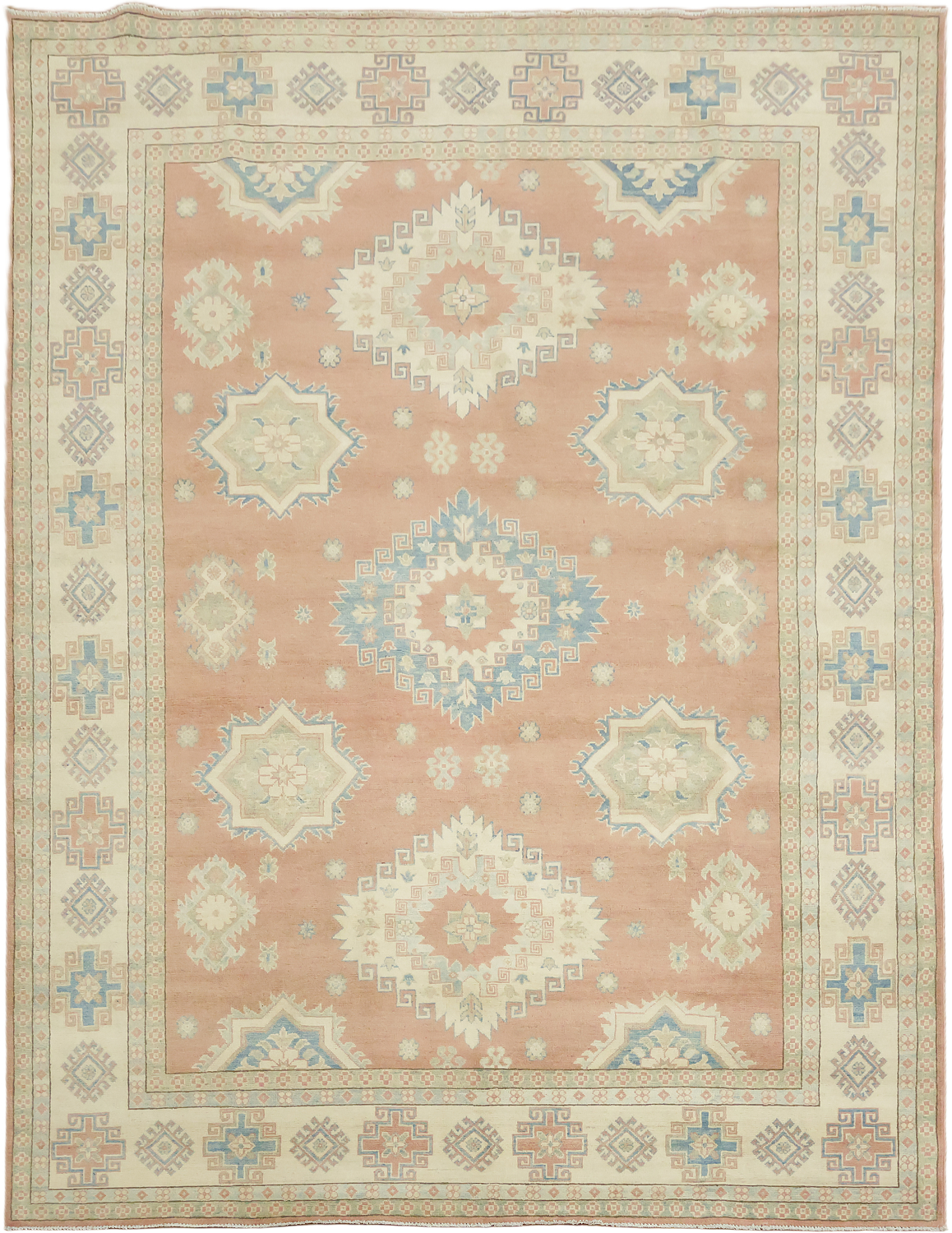 Traditional Muted terracotta/peach and Blue Kazak Pakistani Rug 8'x11'