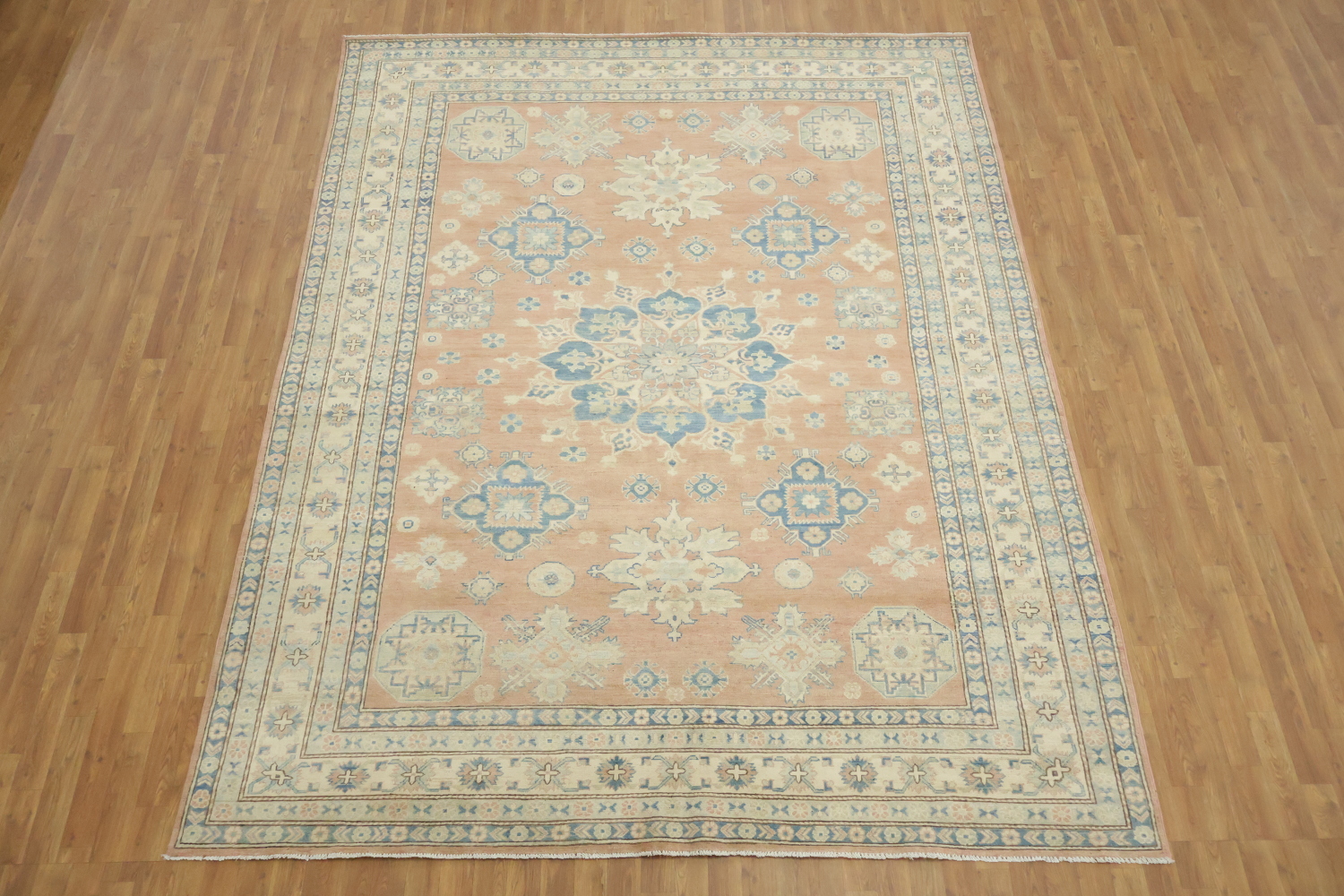 Elegant Peach and Blue Traditional Patterned Kazak Area Rug 8'x11'