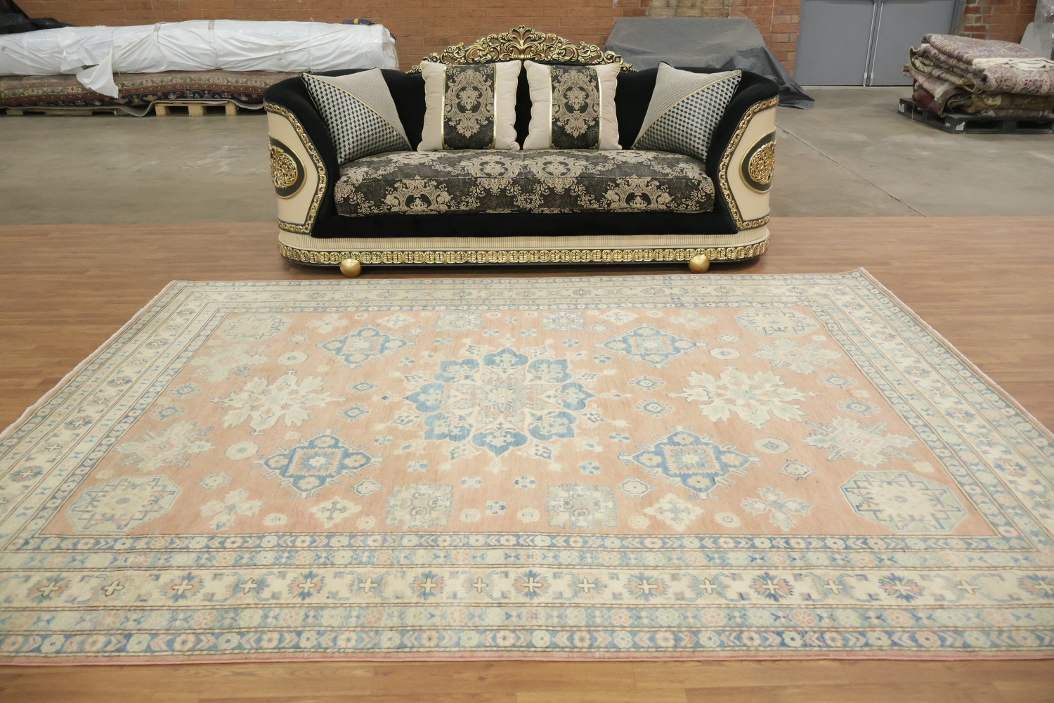 Elegant Peach and Blue Traditional Patterned Kazak Area Rug 8'x11'