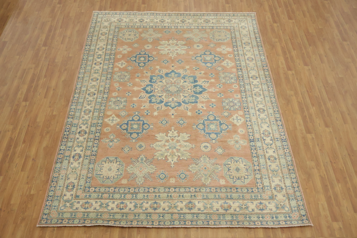 Elegant Peach and Blue Traditional Patterned Kazak Area Rug 8'x11'