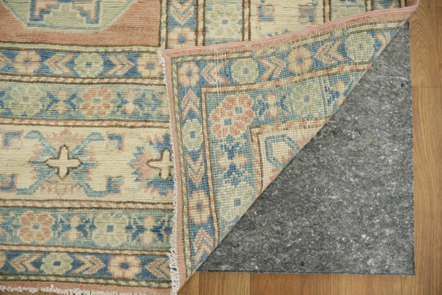 Elegant Peach and Blue Traditional Patterned Kazak Area Rug 8'x11'