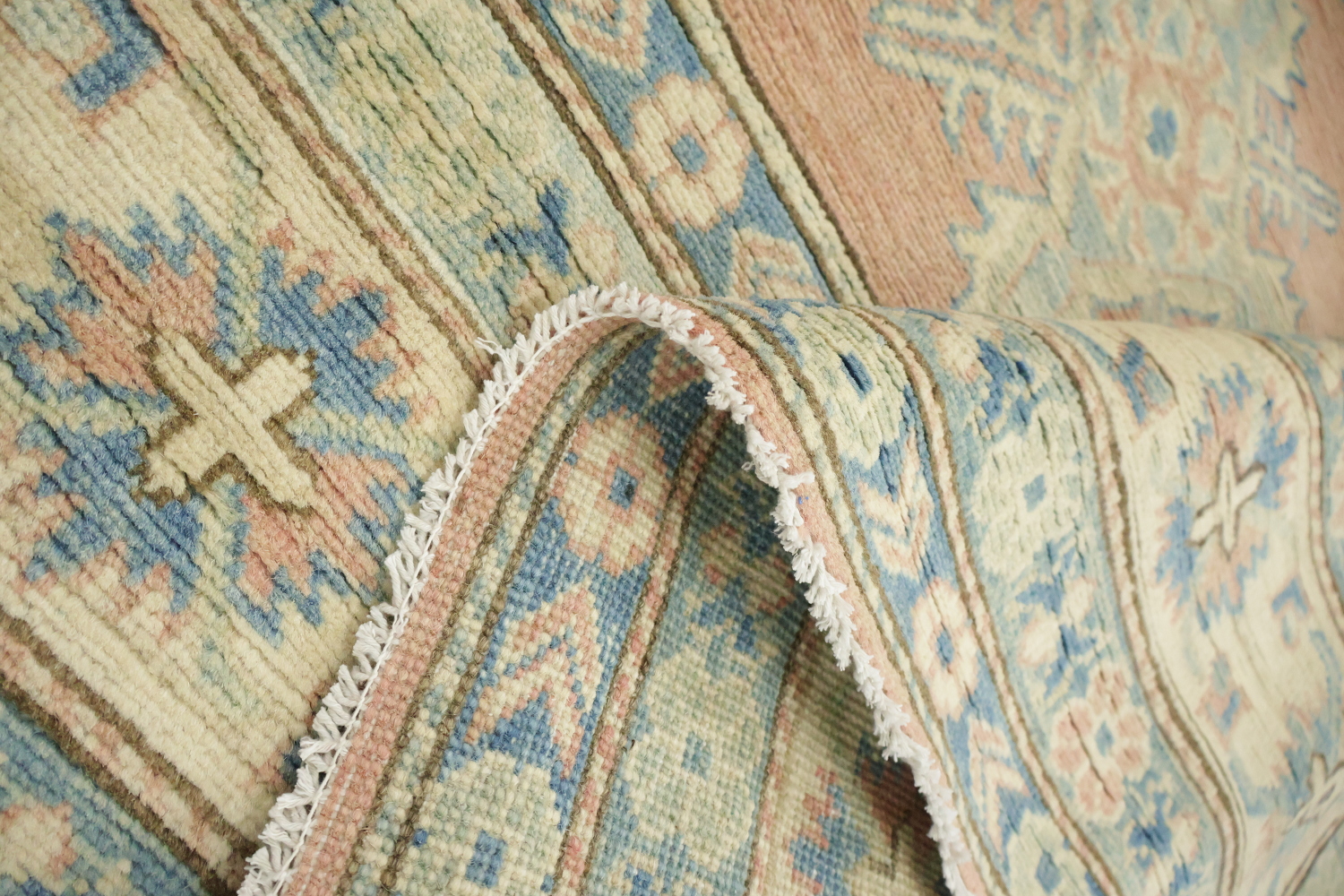 Elegant Peach and Blue Traditional Patterned Kazak Area Rug 8'x11'