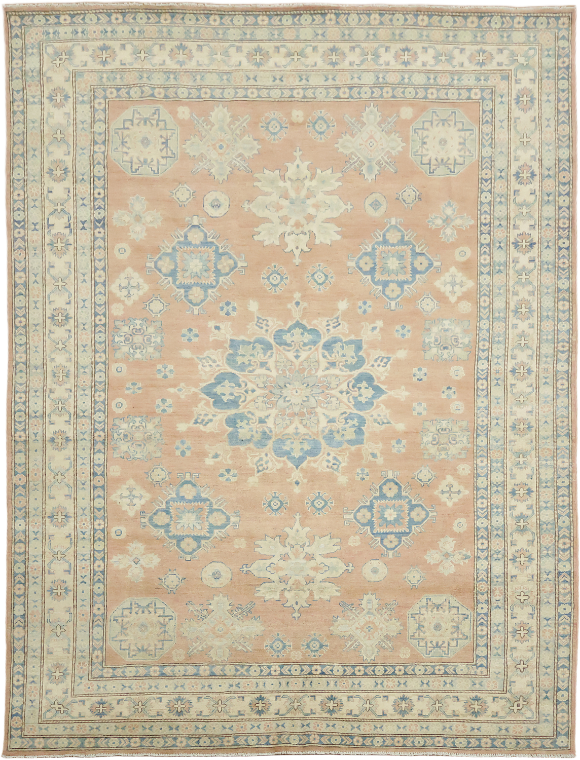 Elegant Peach and Blue Traditional Patterned Kazak Area Rug 8'x11'