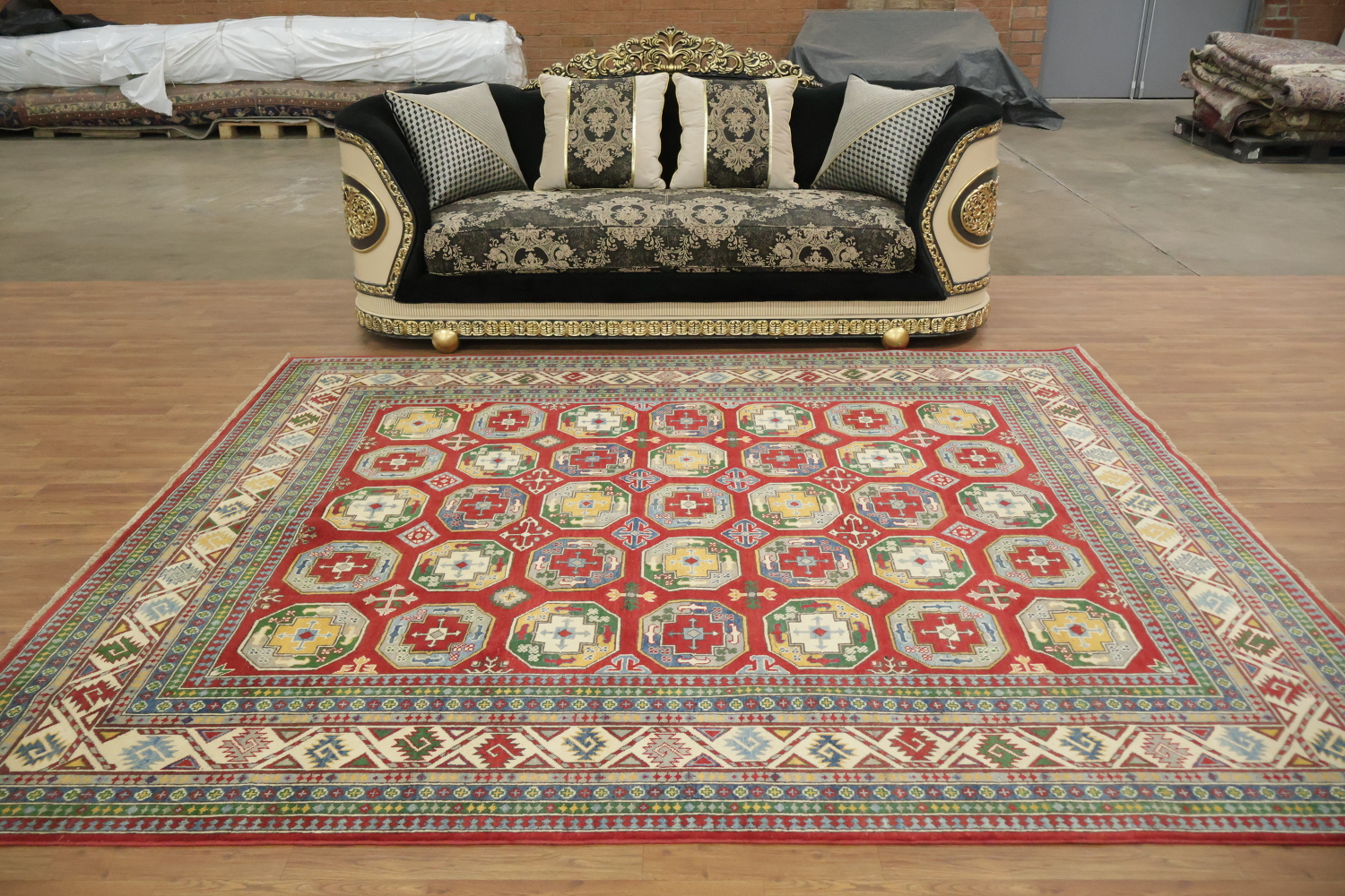 Traditional Red Area Rug with Bold Geometric Accents 8'x10'