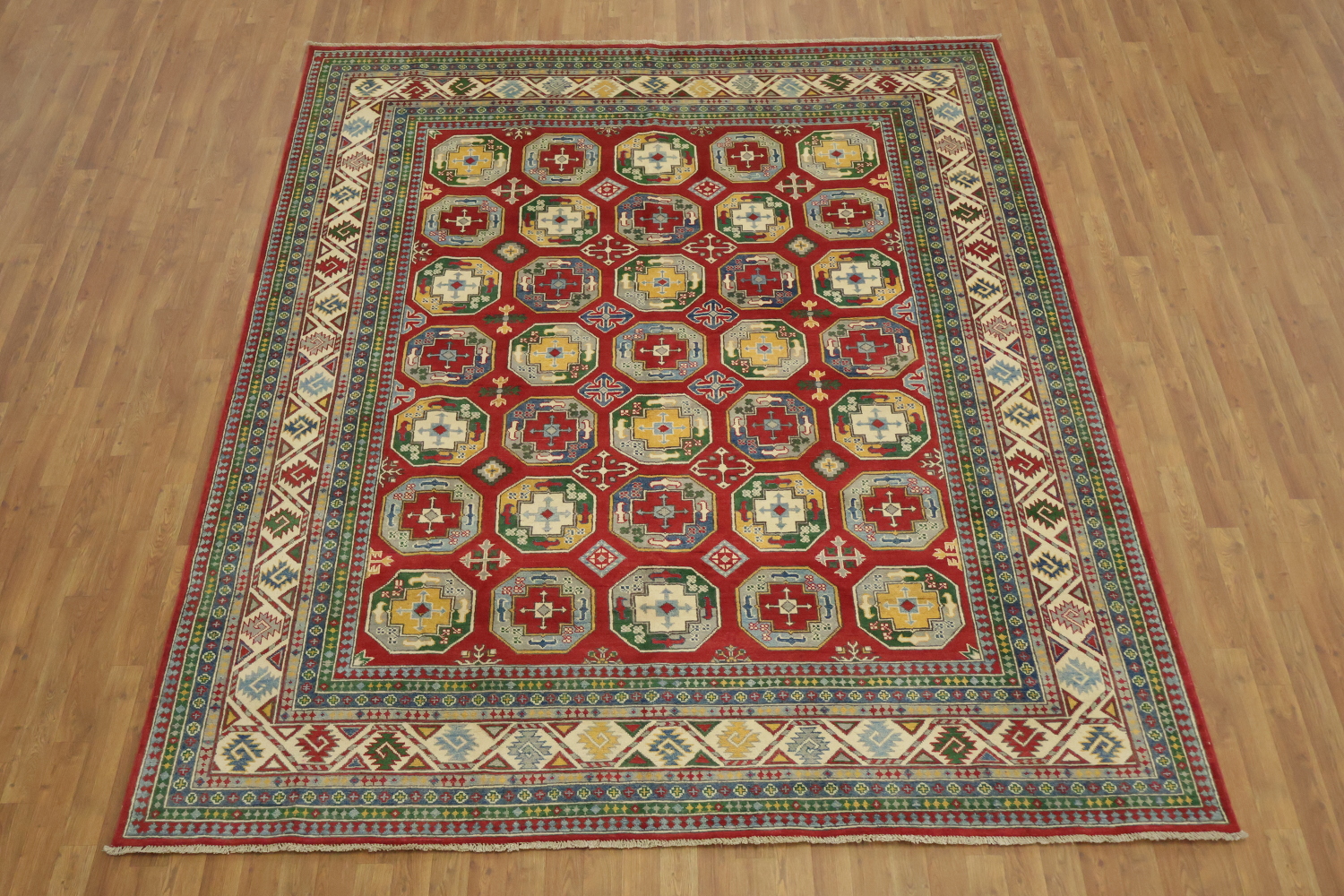 Traditional Red Area Rug with Bold Geometric Accents 8'x10'