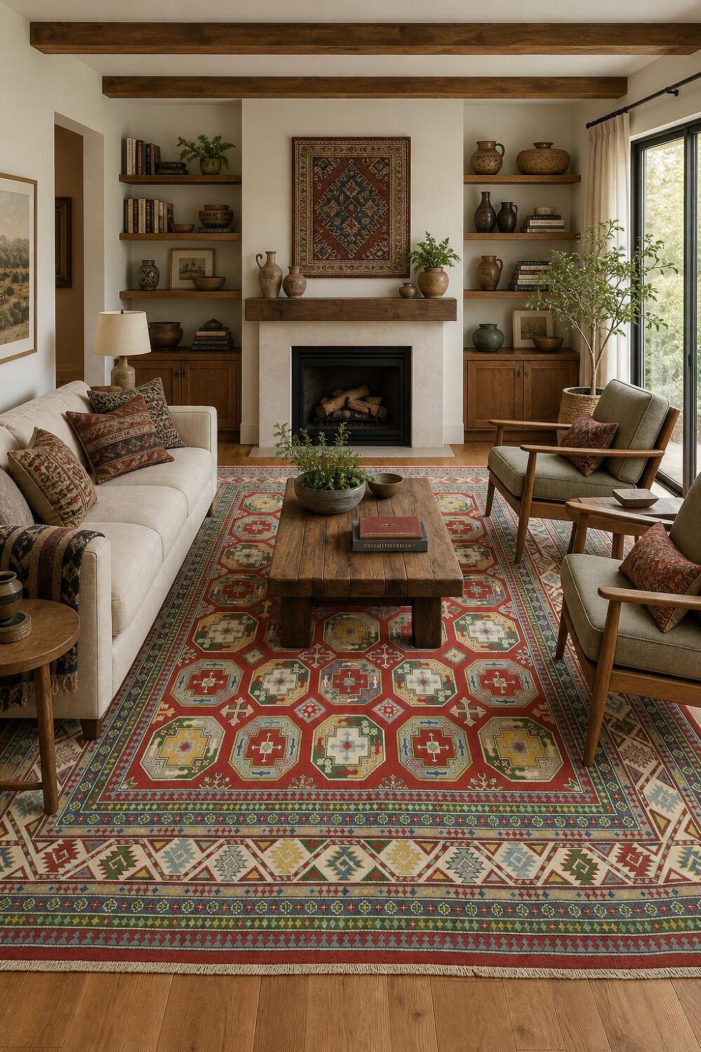 Traditional Red Area Rug with Bold Geometric Accents 8'x10'