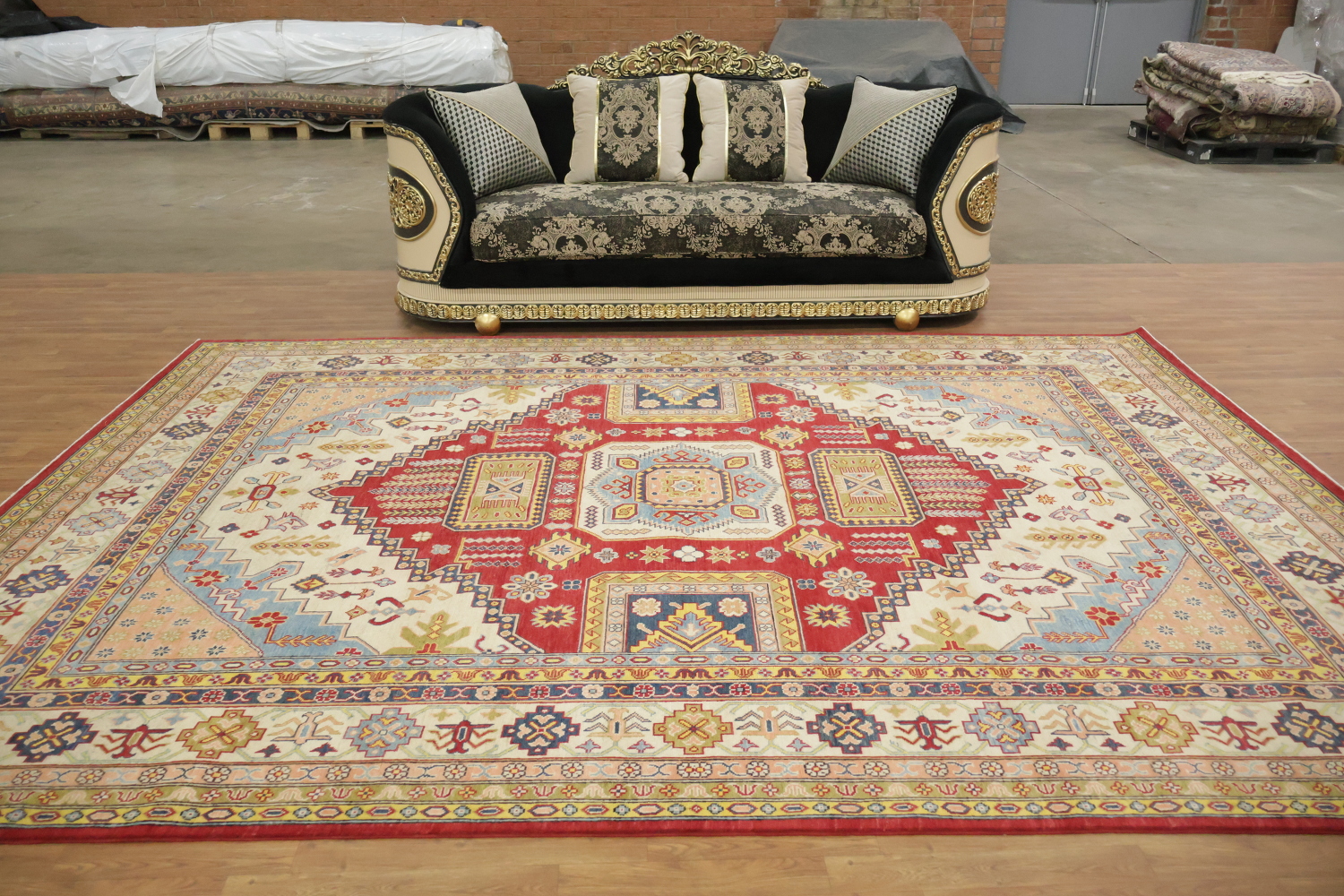 Luxurious Handmade Kazak Wool Rug with Vibrant Red and Beige Tones 9x12