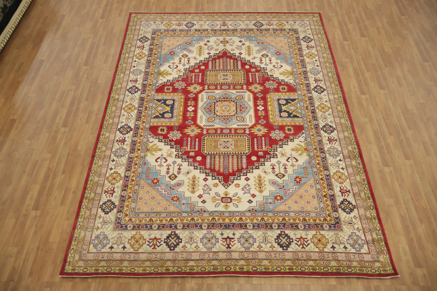 Luxurious Handmade Kazak Wool Rug with Vibrant Red and Beige Tones 9x12