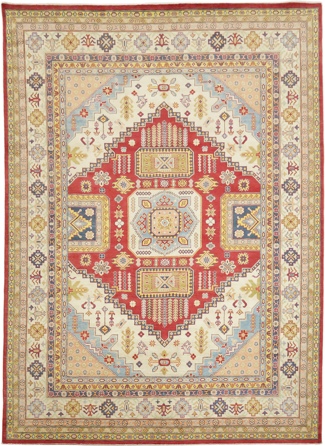 Luxurious Handmade Kazak Wool Rug with Vibrant Red and Beige Tones 9x12