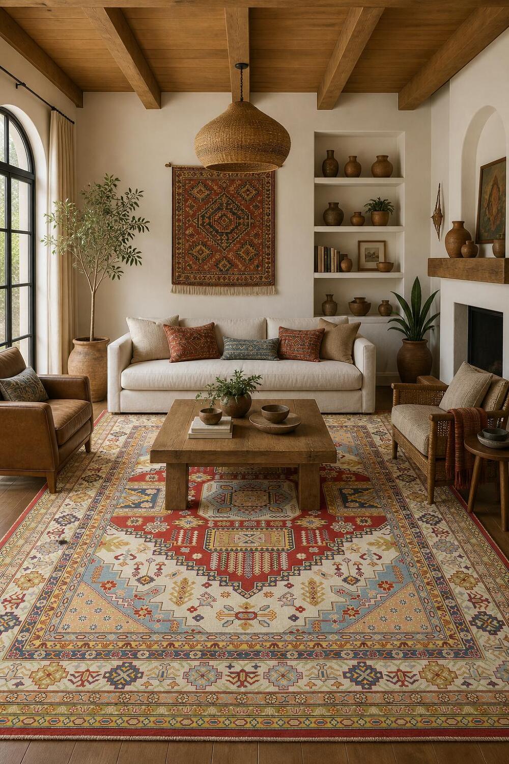 Luxurious Handmade Kazak Wool Rug with Vibrant Red and Beige Tones 9x12