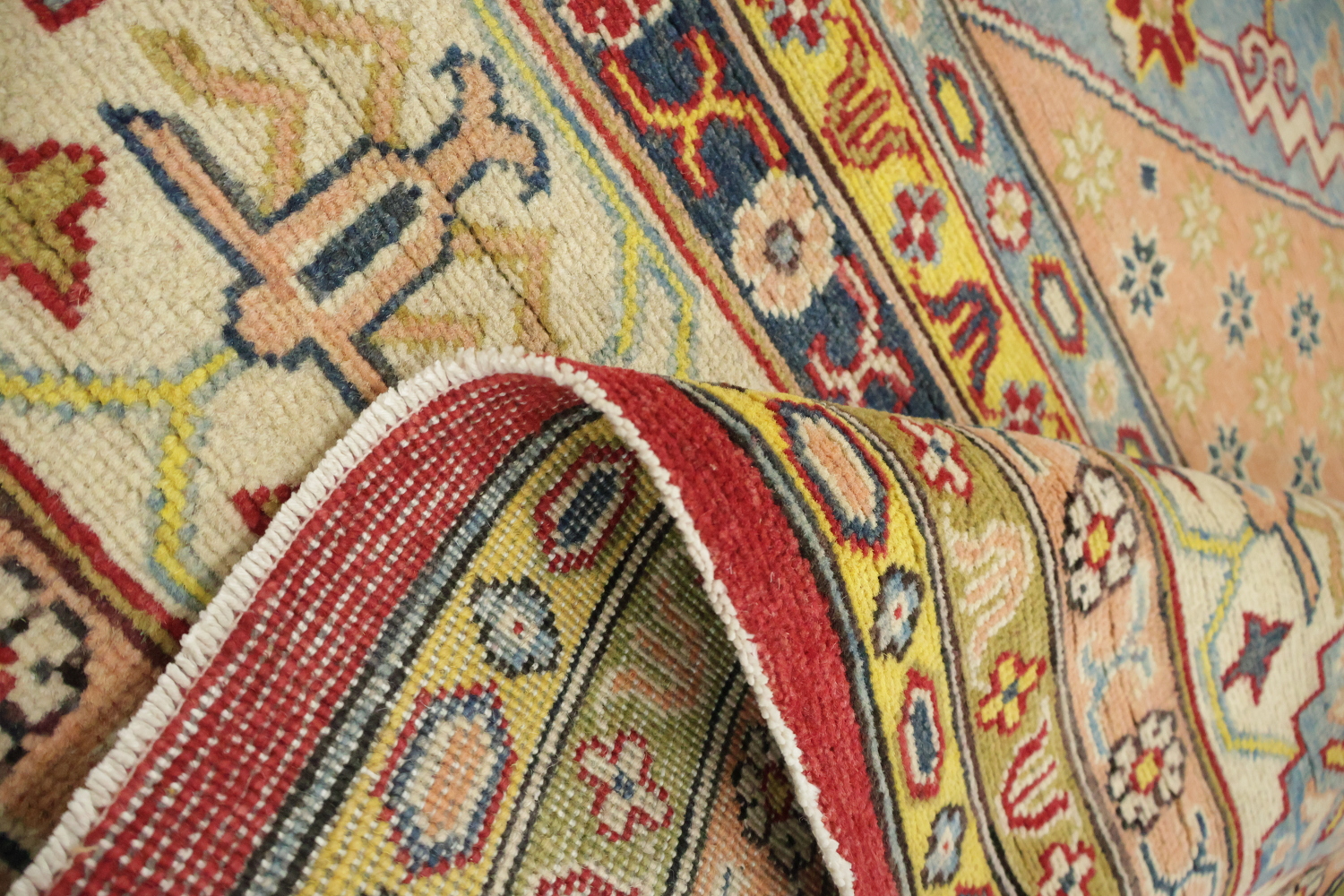 Luxurious Handmade Kazak Wool Rug with Vibrant Red and Beige Tones 9x12