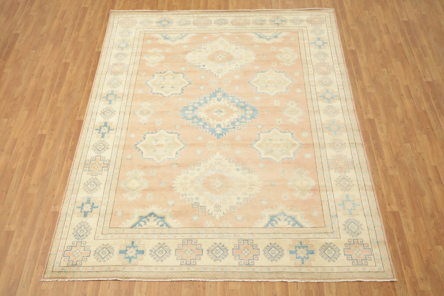 Traditional Pastel Pale Terracotta and Blue Kazak Pakistani Rug 8'x11'