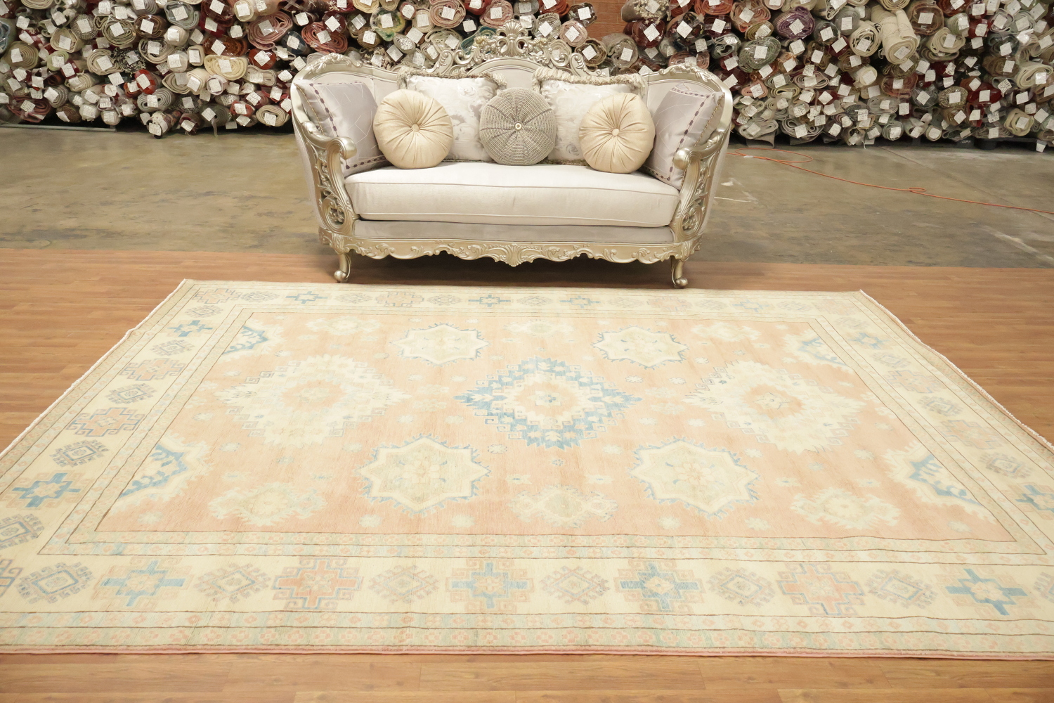 Traditional Pastel Pale Terracotta and Blue Kazak Pakistani Rug 8'x11'