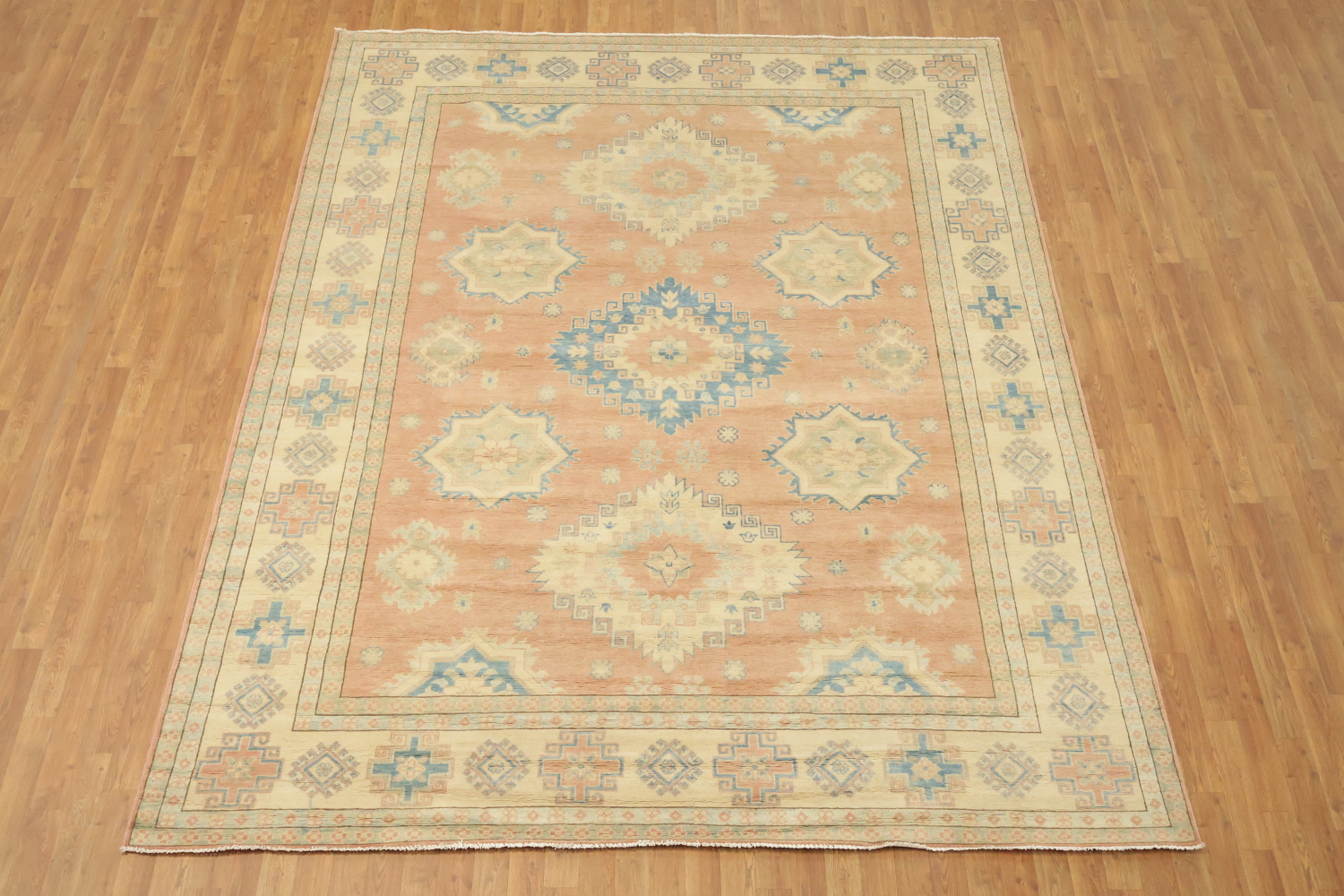Traditional Pastel Pale Terracotta and Blue Kazak Pakistani Rug 8'x11'