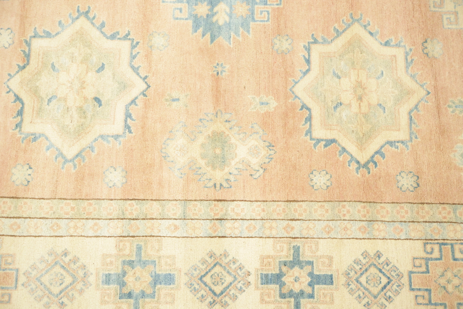 Traditional Pastel Pale Terracotta and Blue Kazak Pakistani Rug 8'x11'