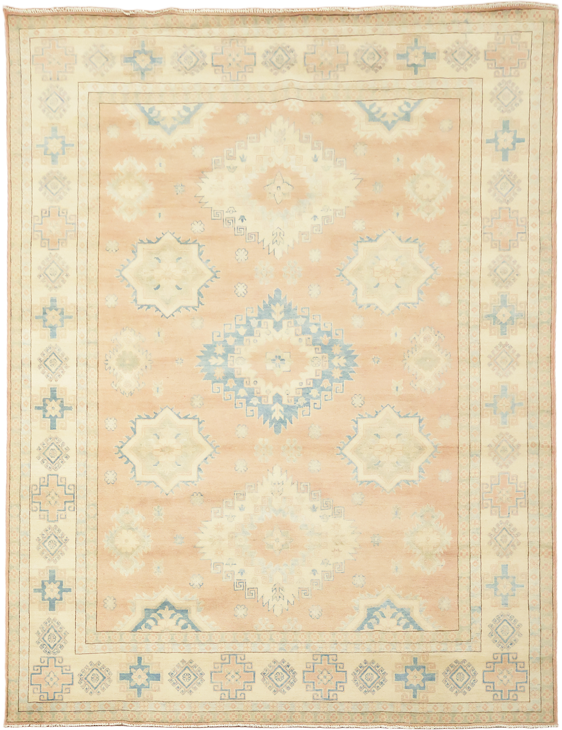 Traditional Pastel Pale Terracotta and Blue Kazak Pakistani Rug 8'x11'