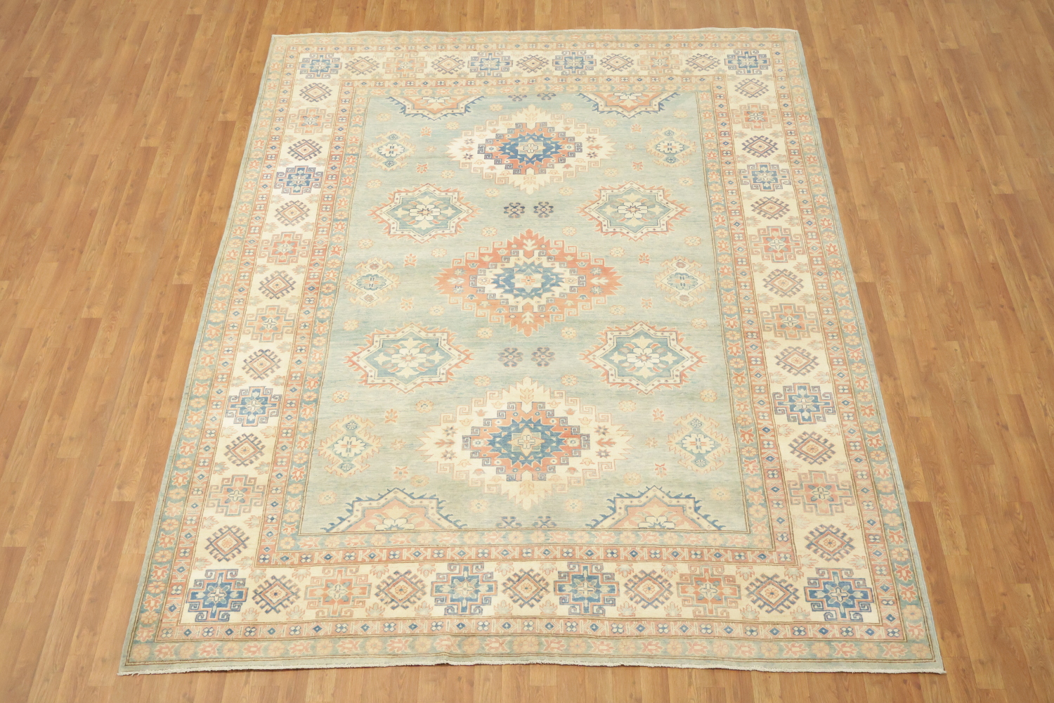 Light Blue and Terracotta Handmade Pastel Rug with Traditional Patterns 8'x11'