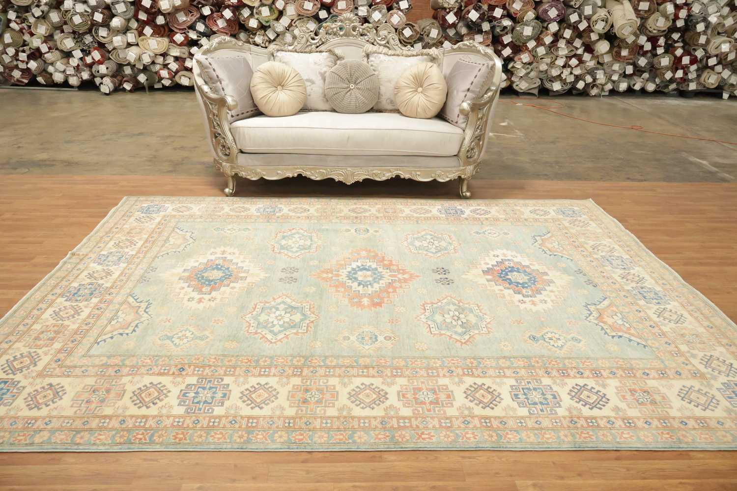 Light Blue and Terracotta Handmade Pastel Rug with Traditional Patterns 8'x11'