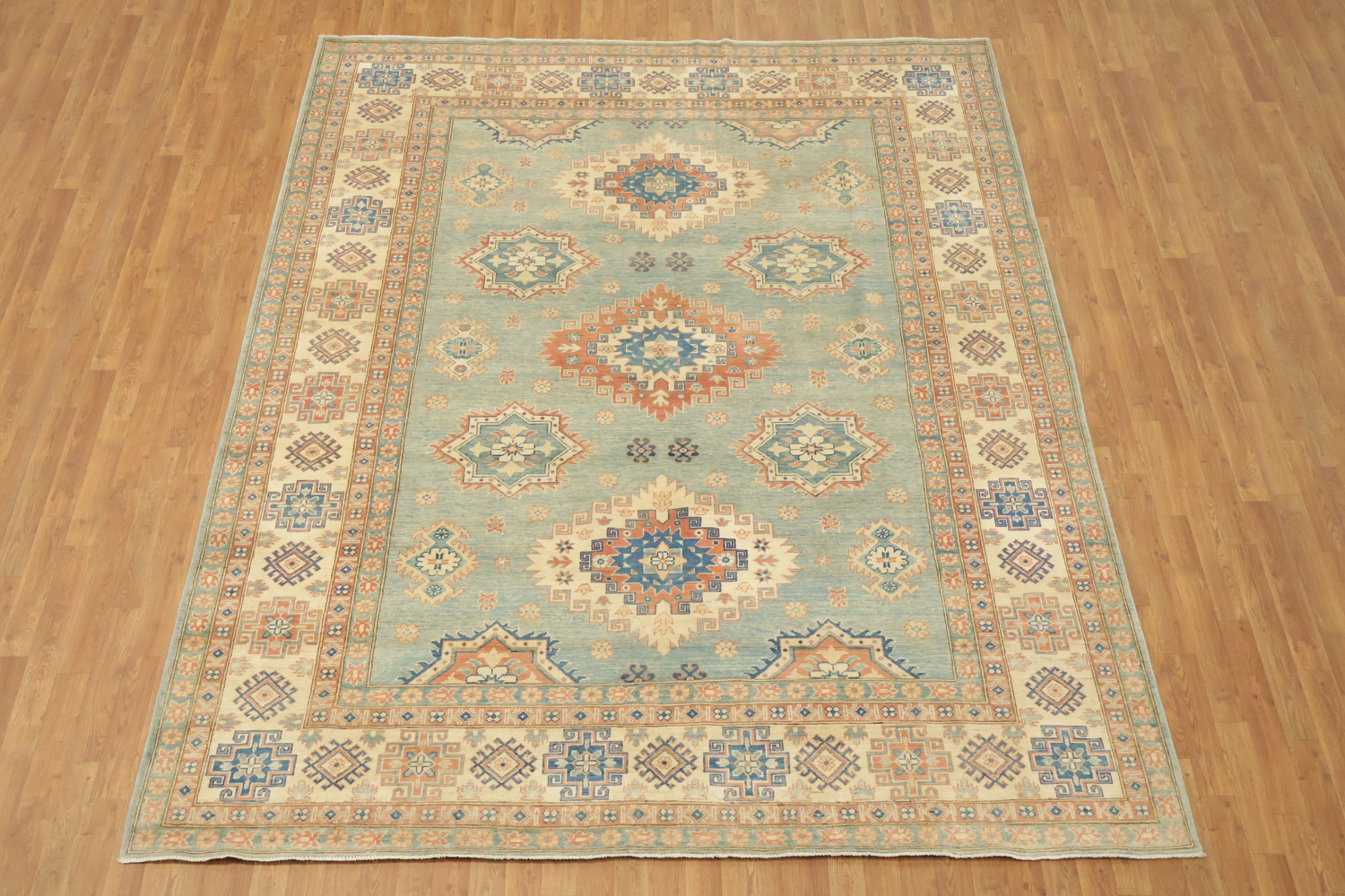 Light Blue and Terracotta Handmade Pastel Rug with Traditional Patterns 8'x11'