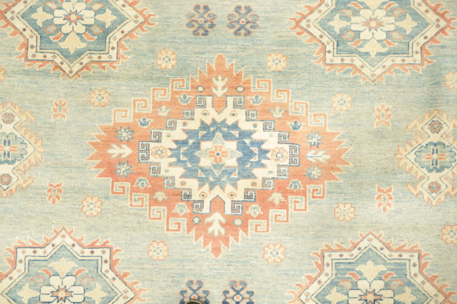 Light Blue and Terracotta Handmade Pastel Rug with Traditional Patterns 8'x11'