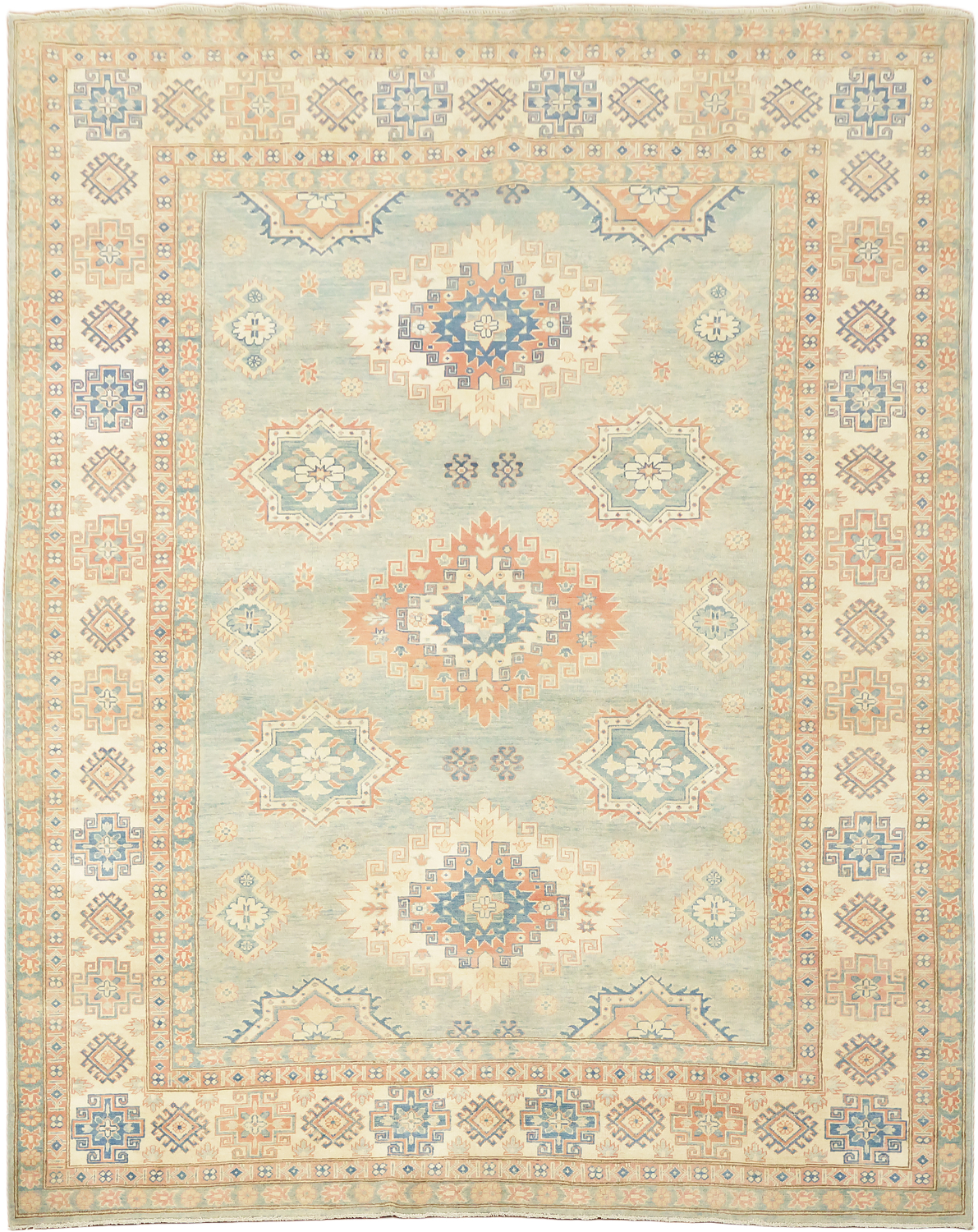 Light Blue and Terracotta Handmade Pastel Rug with Traditional Patterns 8'x11'