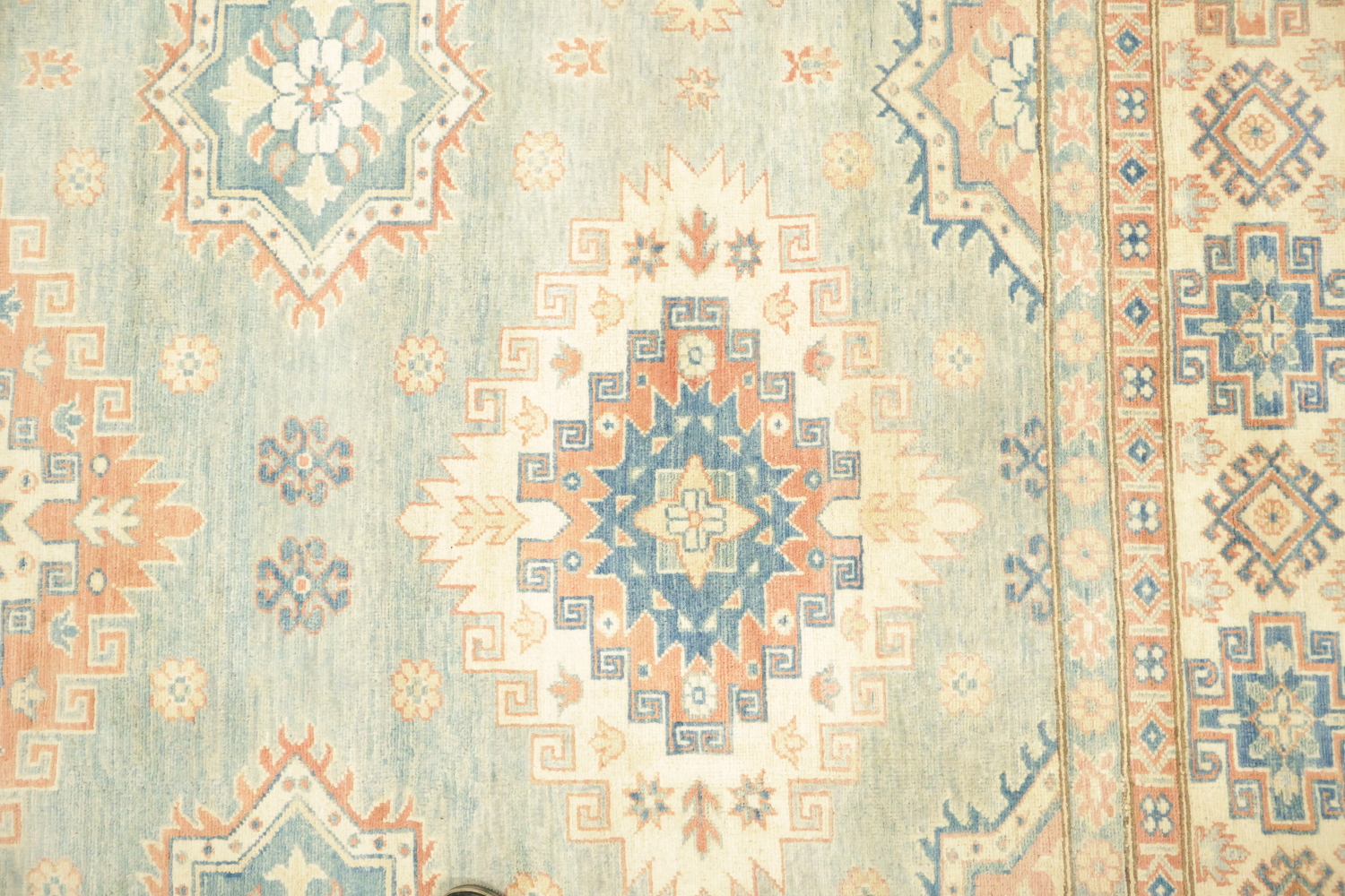 Light Blue and Terracotta Handmade Pastel Rug with Traditional Patterns 8'x11'