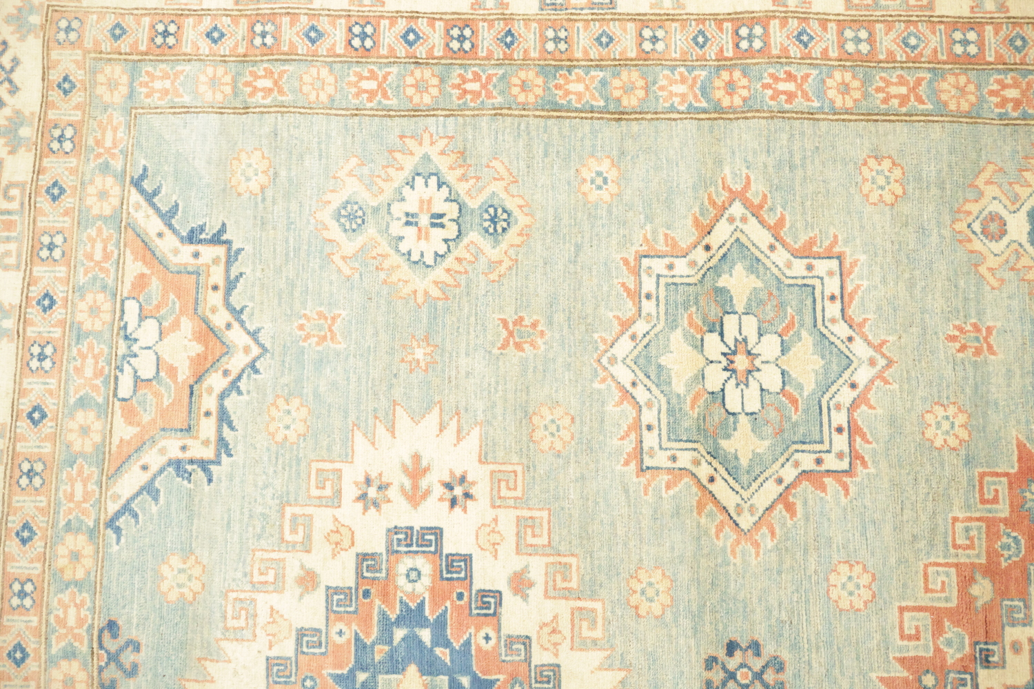 Light Blue and Terracotta Handmade Pastel Rug with Traditional Patterns 8'x11'