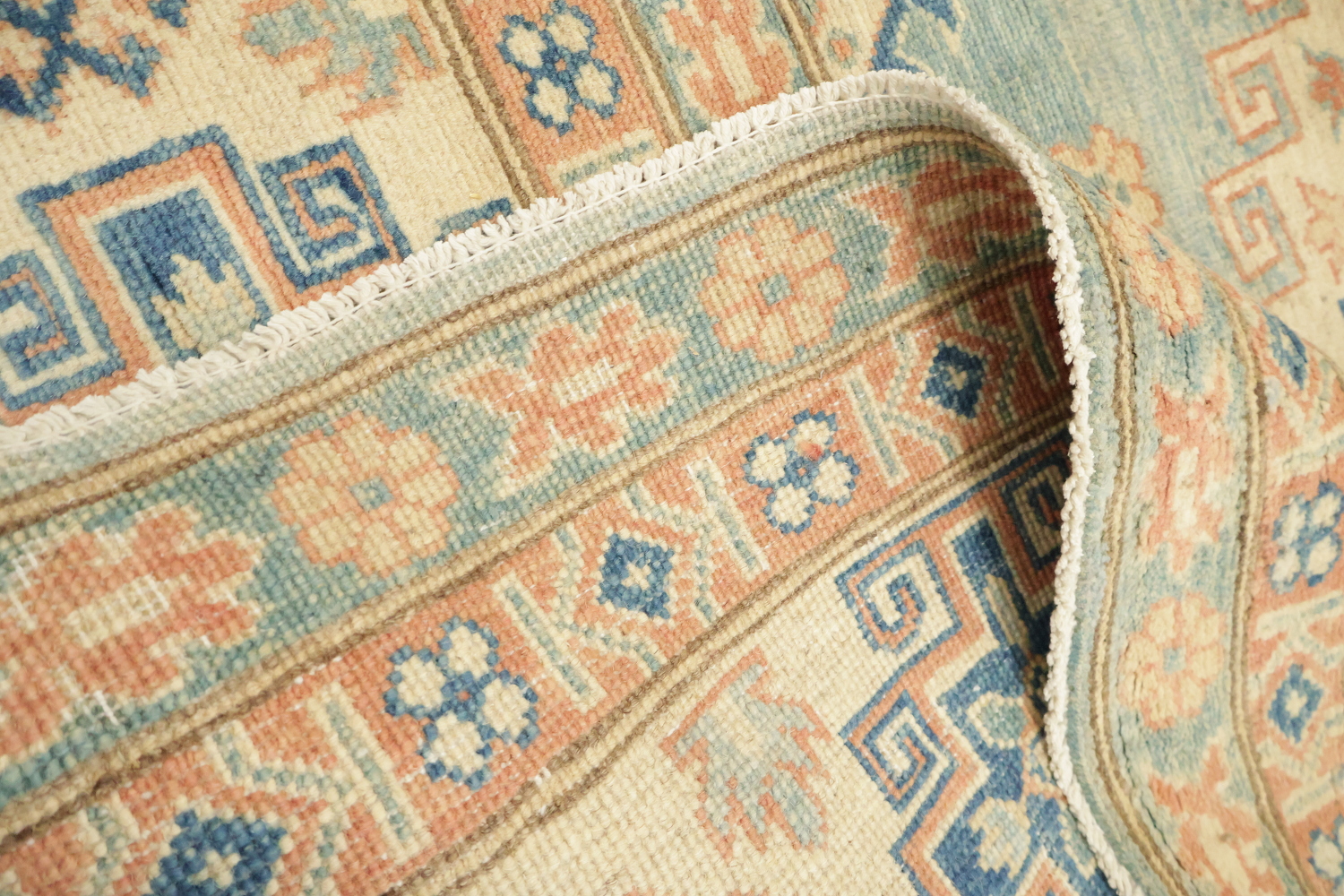 Light Blue and Terracotta Handmade Pastel Rug with Traditional Patterns 8'x11'