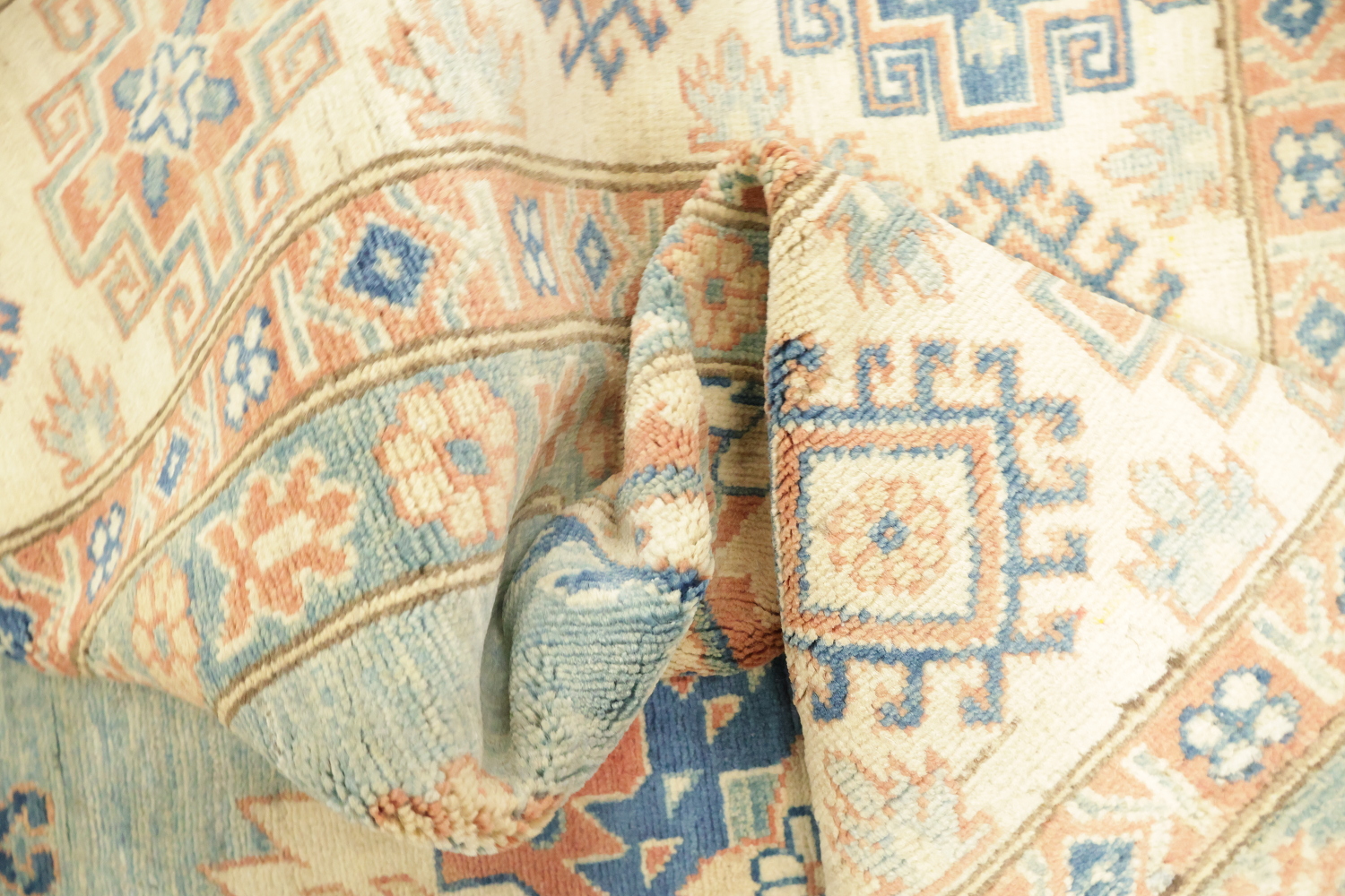 Light Blue and Terracotta Handmade Pastel Rug with Traditional Patterns 8'x11'