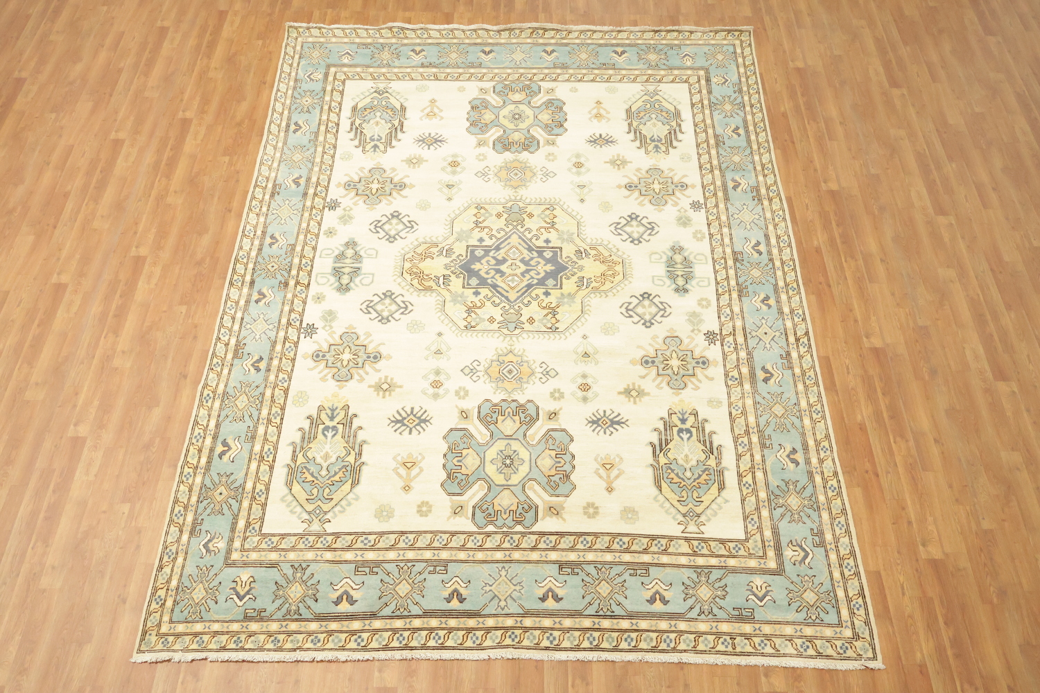 Traditional Ivory & Blue Floral Kazak Pakistan Oriental Rug 9'x12'