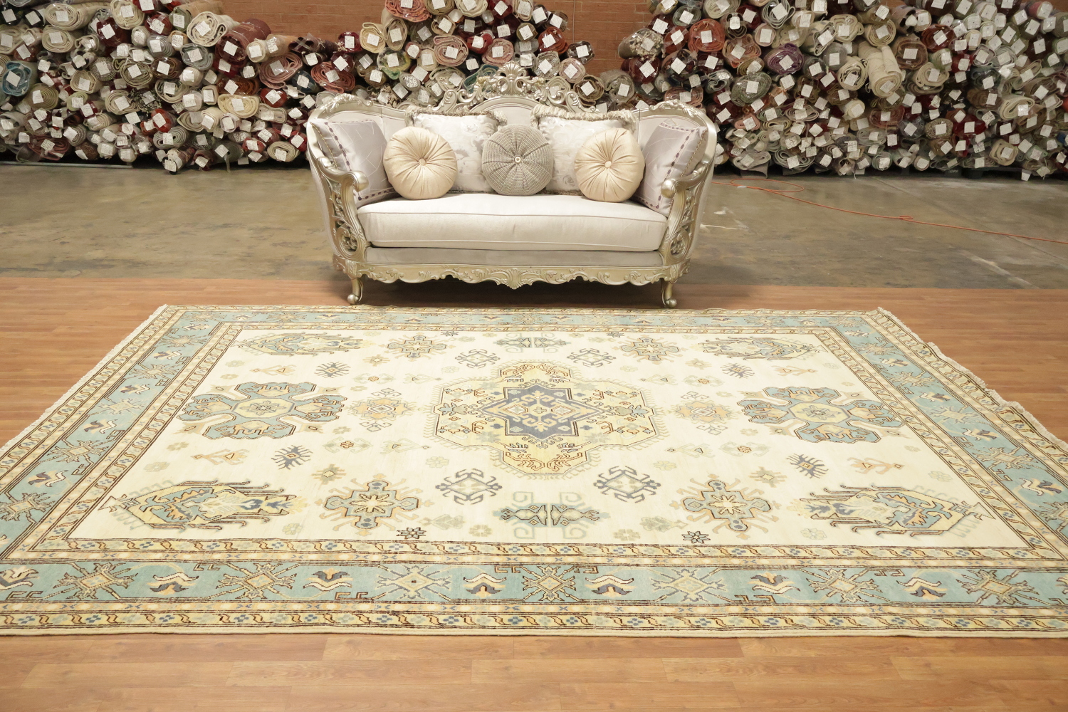 Traditional Ivory & Blue Floral Kazak Pakistan Oriental Rug 9'x12'