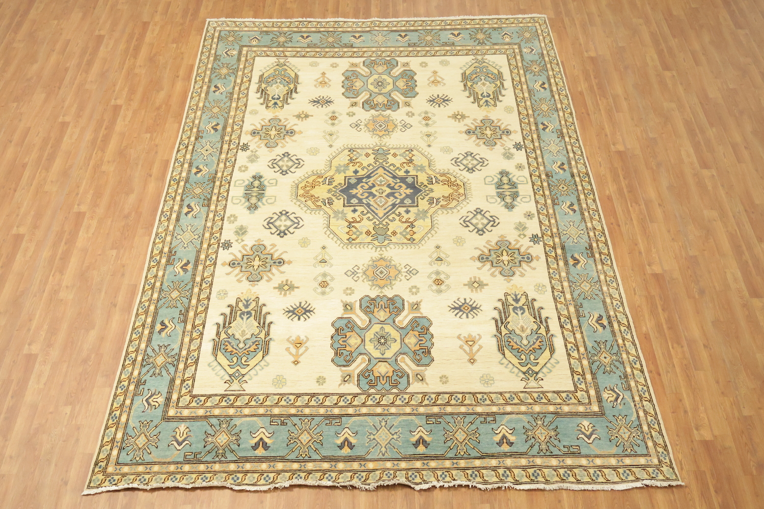 Traditional Ivory & Blue Floral Kazak Pakistan Oriental Rug 9'x12'