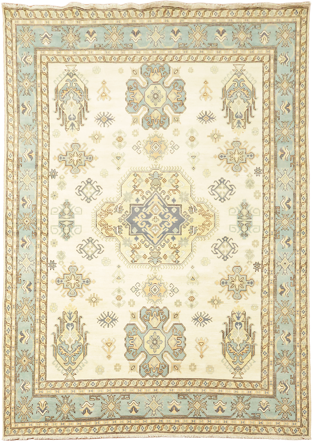 Traditional Ivory & Blue Floral Kazak Pakistan Oriental Rug 9'x12'